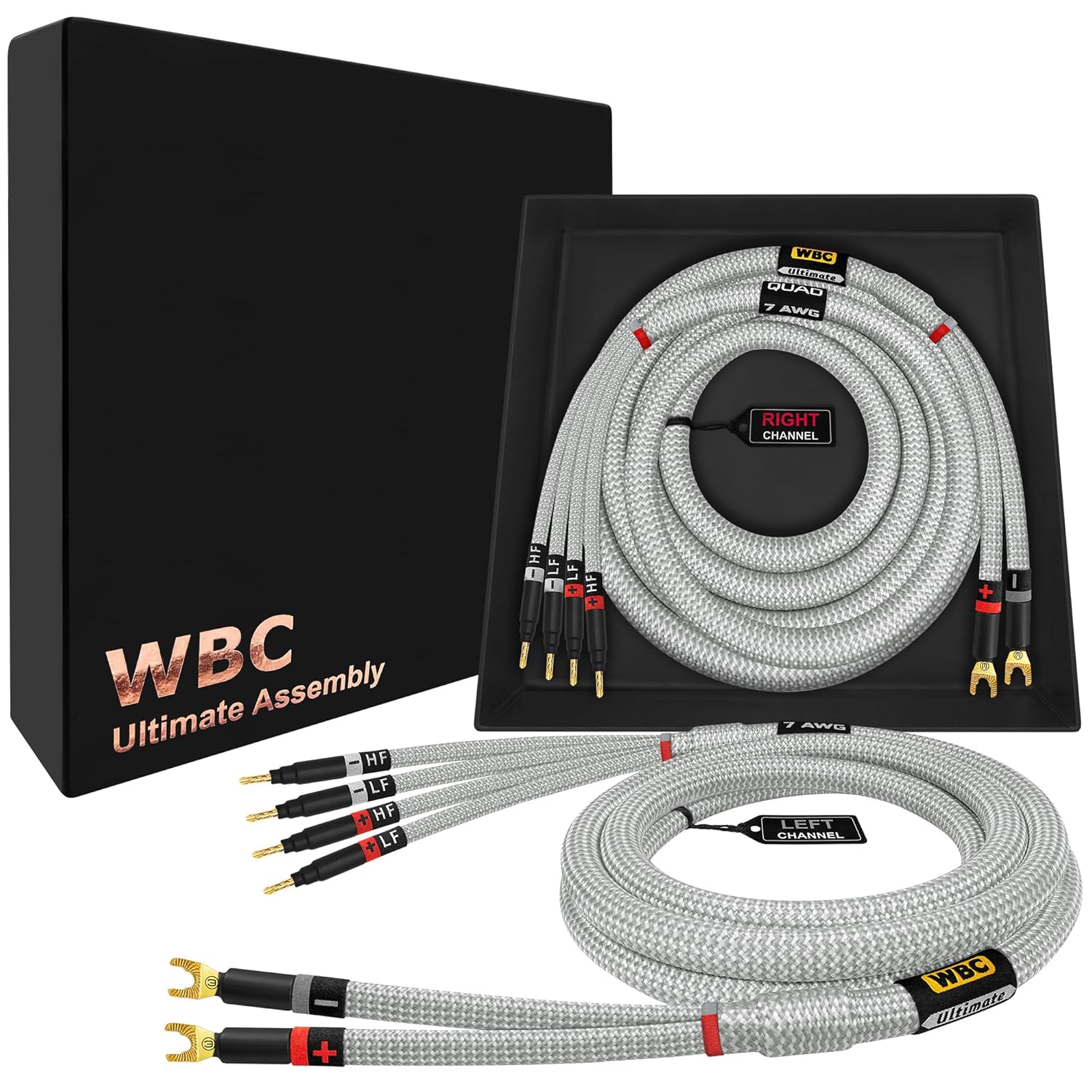 Worlds Best Cables 12 Foot Ultimate 7 AWG Ultra Pure OFC Audiophile Bi Wire Speaker Cable Pair with Gold Spade and Banana Plugs