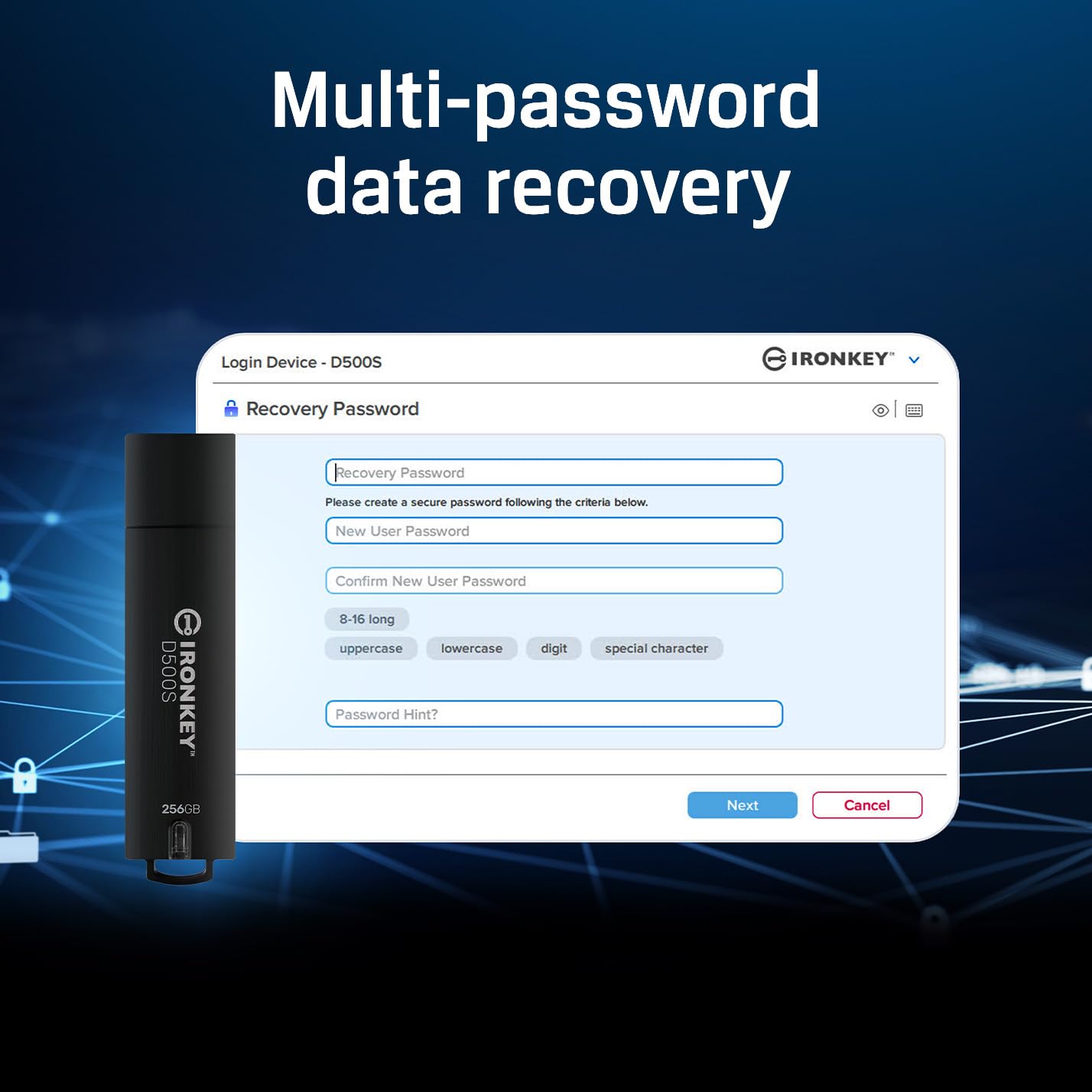 Kingston Kingston Ironkey D500S 512GB Encrypted Flash Drive with Dual Hidden Partition and FIPS 140-3 Level 3 Security Features - View 2 of 9
