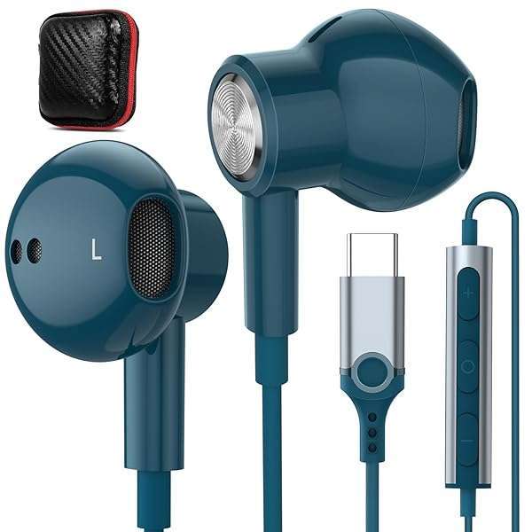 HiFi USB-C Headphones with Microphone & Volume Control for iPhone 16, Samsung Galaxy, Google Pixel - Lake Blue Wired Earbuds