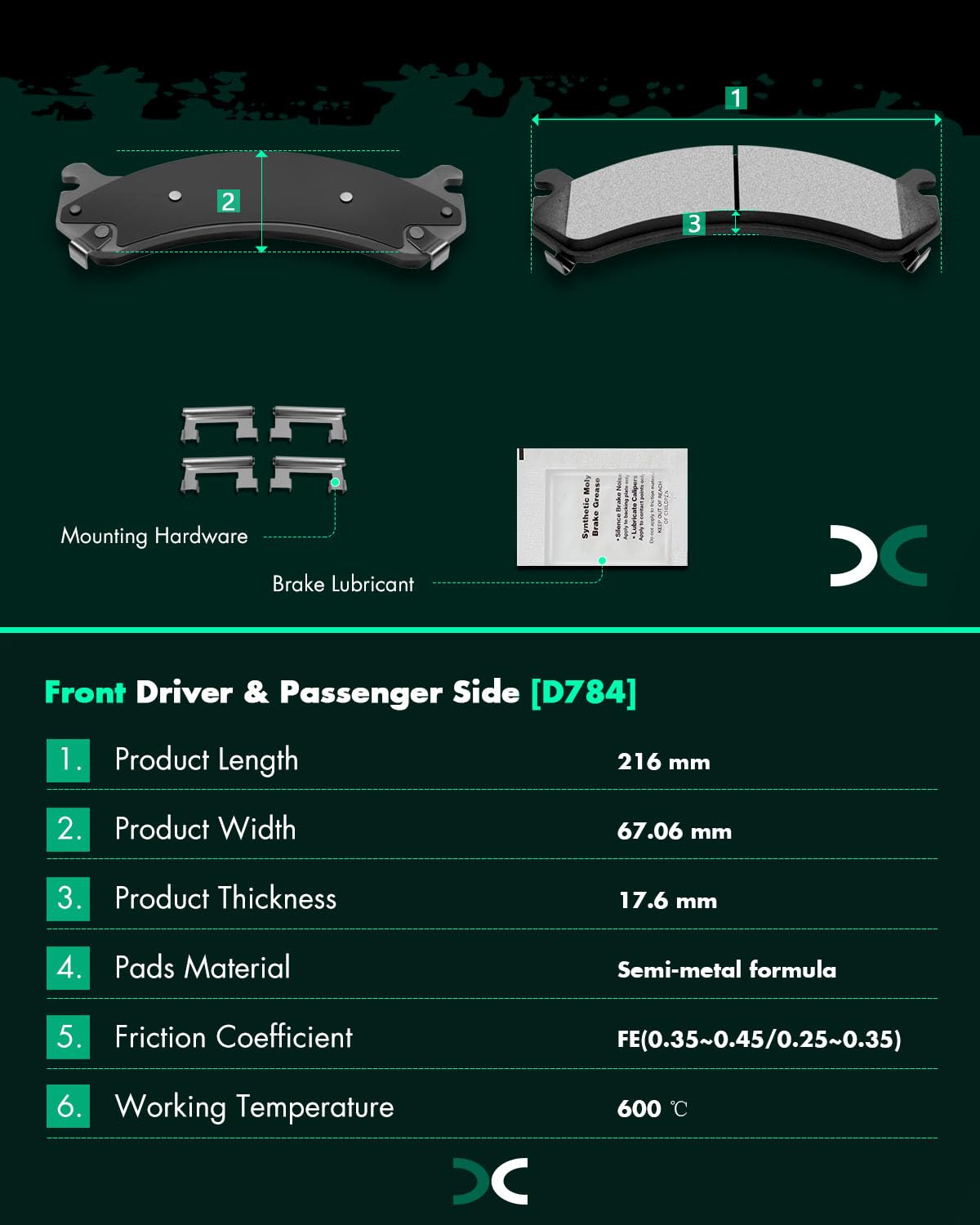 SCITOO SCITOO D784 Front Semi-Metal Brake Pads Set for Cadillac Chevy GMC Hummer High Performance Replacement - View 3 of 7