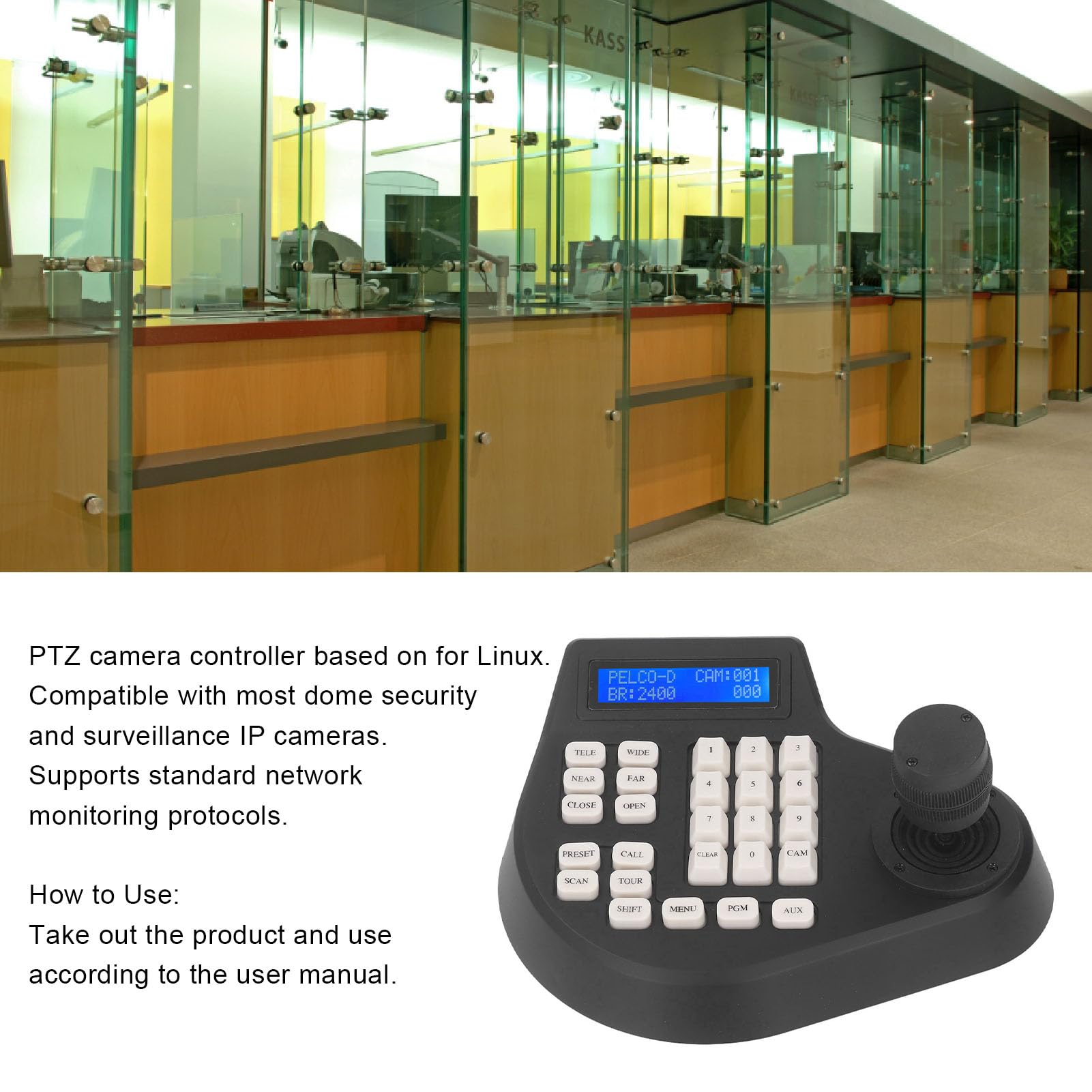 Jiawu Mini Analog PTZ Camera Keyboard with 2D Joystick Coaxial Dome Controller Easy to Install PELCO RS485 Pan Tilt Zoom Control - View 2 of 9