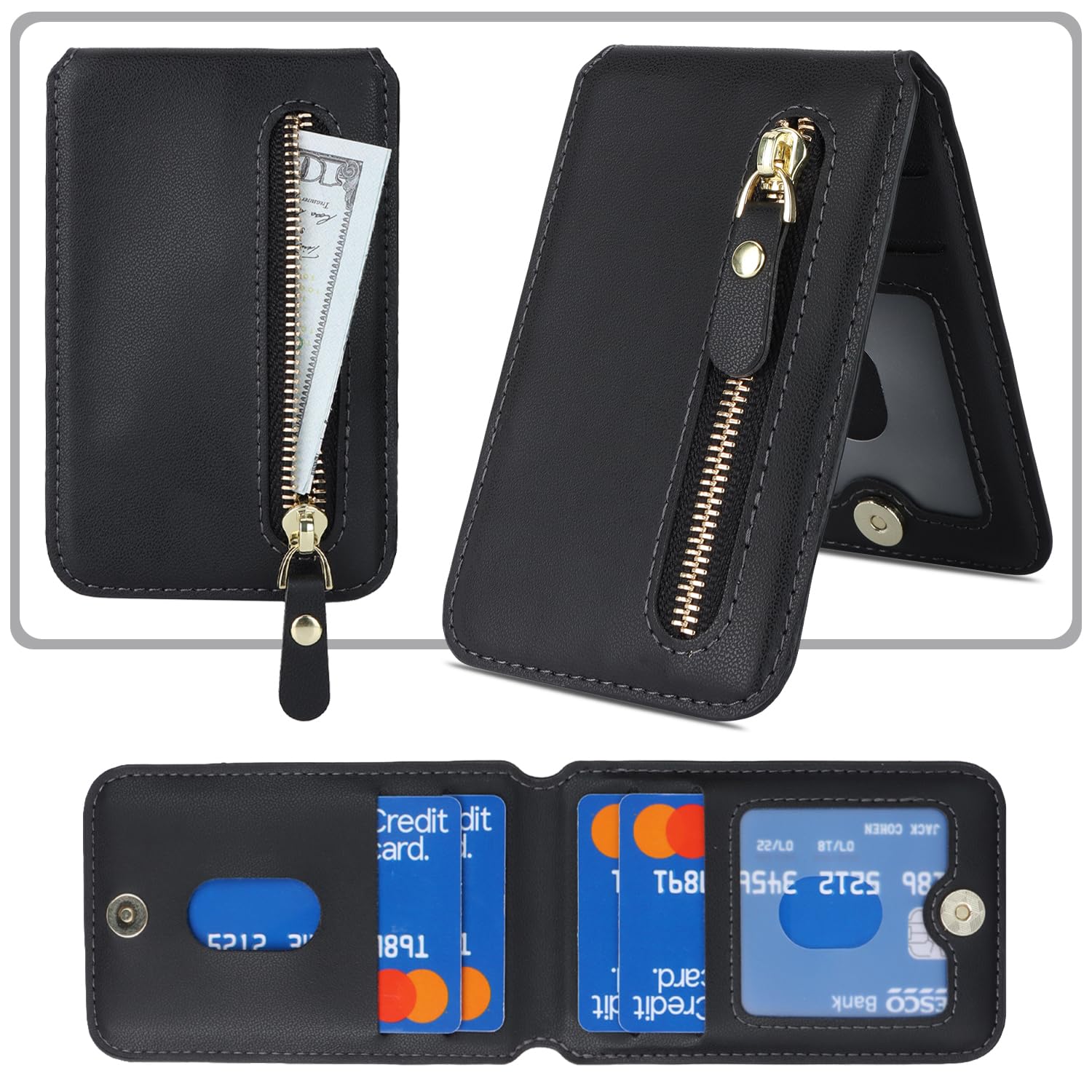 Cavor Cavor Magsafe Wallet with Adjustable Stand for iPhone 16 Pro Max 14 Pro 15 14 Plus 13 12 Magnetic Card Holder Zipper Pocket Black - View 2 of 7