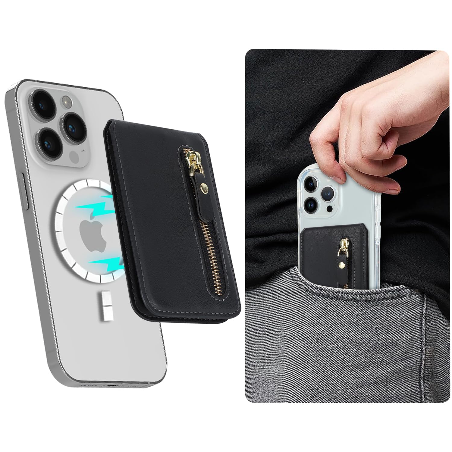 Cavor Cavor Magsafe Wallet with Adjustable Stand for iPhone 16 Pro Max 14 Pro 15 14 Plus 13 12 Magnetic Card Holder Zipper Pocket Black - View 3 of 7