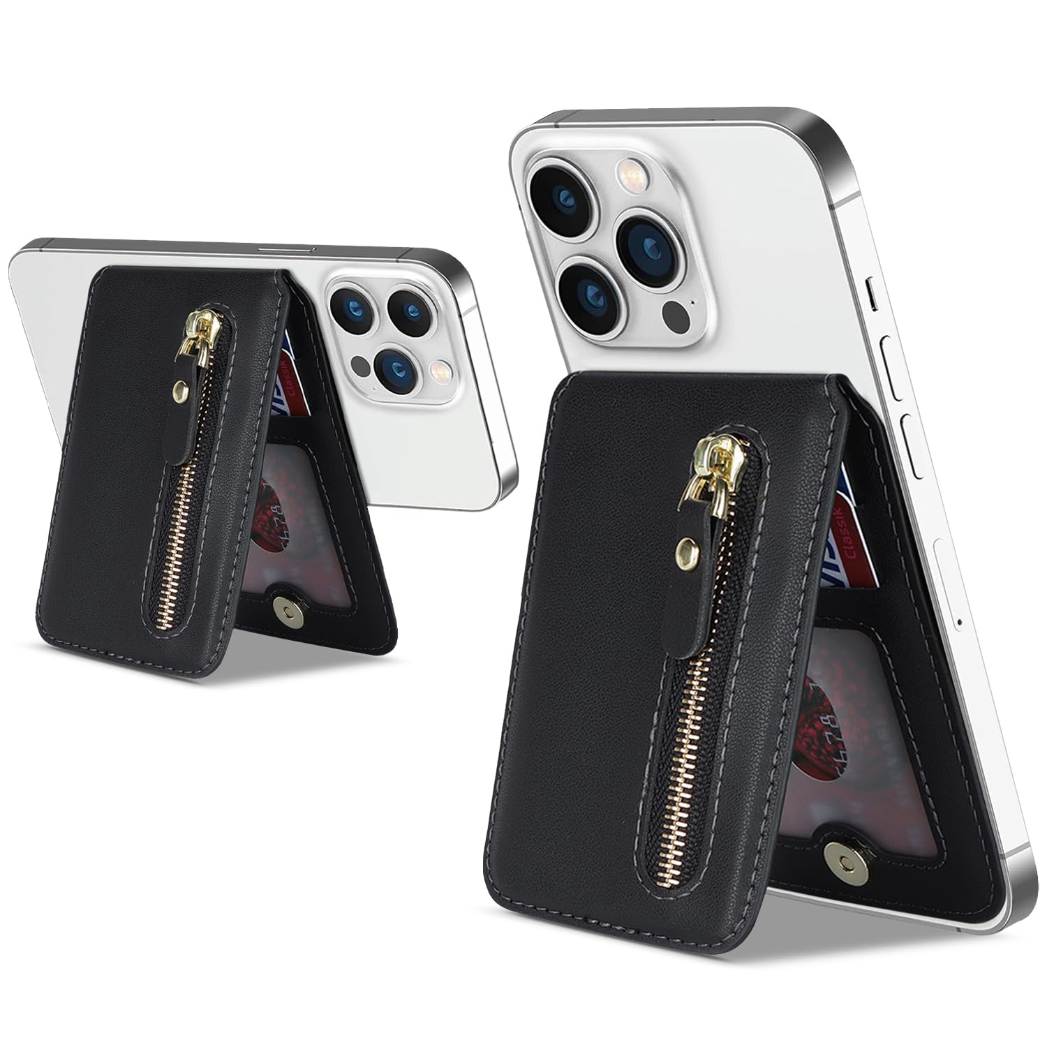 Cavor Cavor Magsafe Wallet with Adjustable Stand for iPhone 16 Pro Max 14 Pro 15 14 Plus 13 12 Magnetic Card Holder Zipper Pocket Black