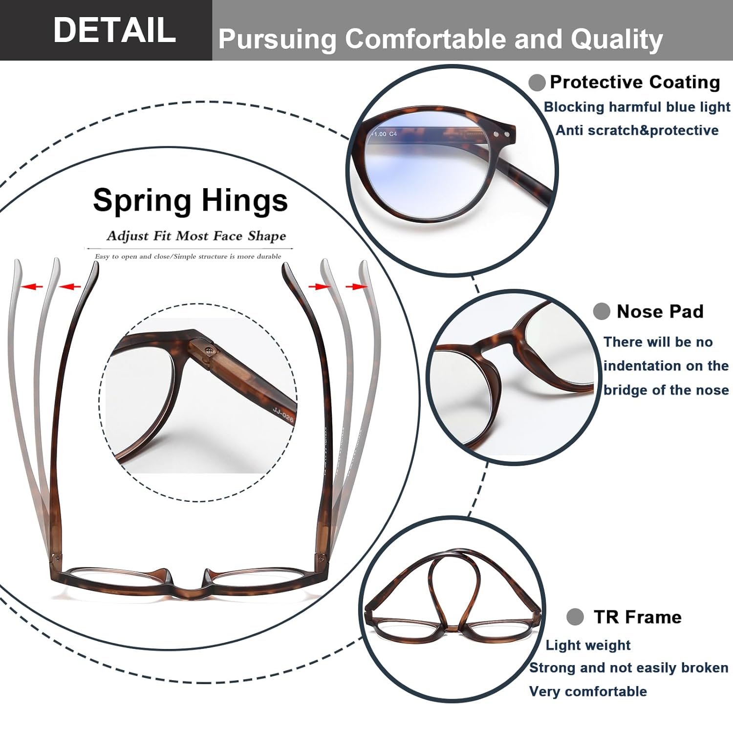 EYEURL EYEURL 4-Pack Small Round Reading Glasses Lightweight Blue Light Blocking Retro Eyeglasses for Men and Women with Spring Hinges - View 4 of 9