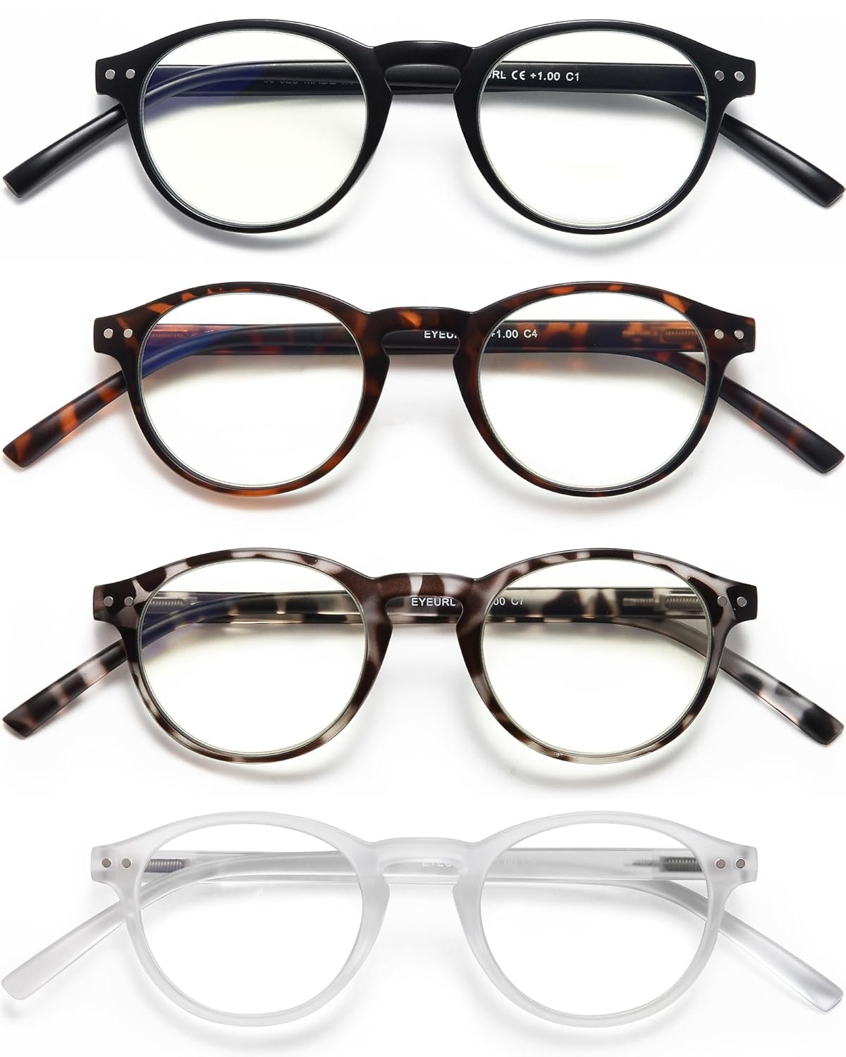 EYEURL EYEURL 4-Pack Small Round Reading Glasses Lightweight Blue Light Blocking Retro Eyeglasses for Men and Women with Spring Hinges - View 7 of 9