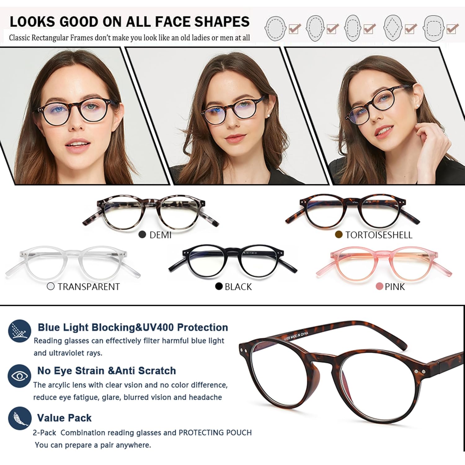 EYEURL EYEURL 4-Pack Small Round Reading Glasses Lightweight Blue Light Blocking Retro Eyeglasses for Men and Women with Spring Hinges - View 8 of 9