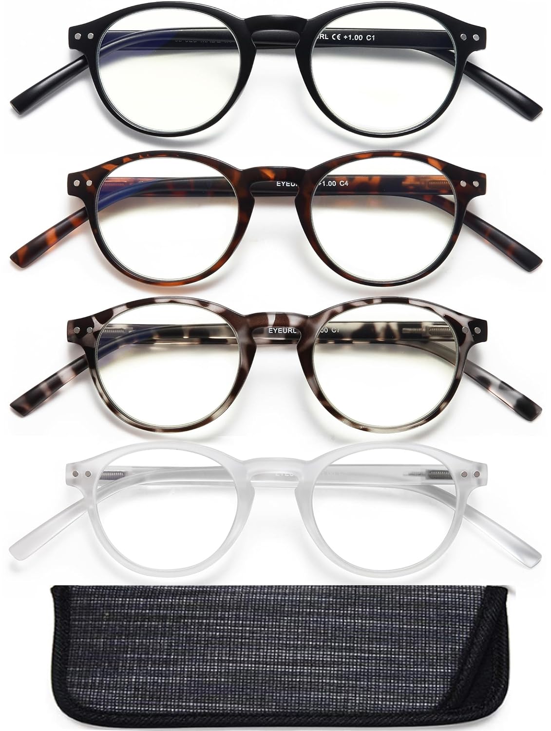 EYEURL EYEURL 4-Pack Small Round Reading Glasses Lightweight Blue Light Blocking Retro Eyeglasses for Men and Women with Spring Hinges