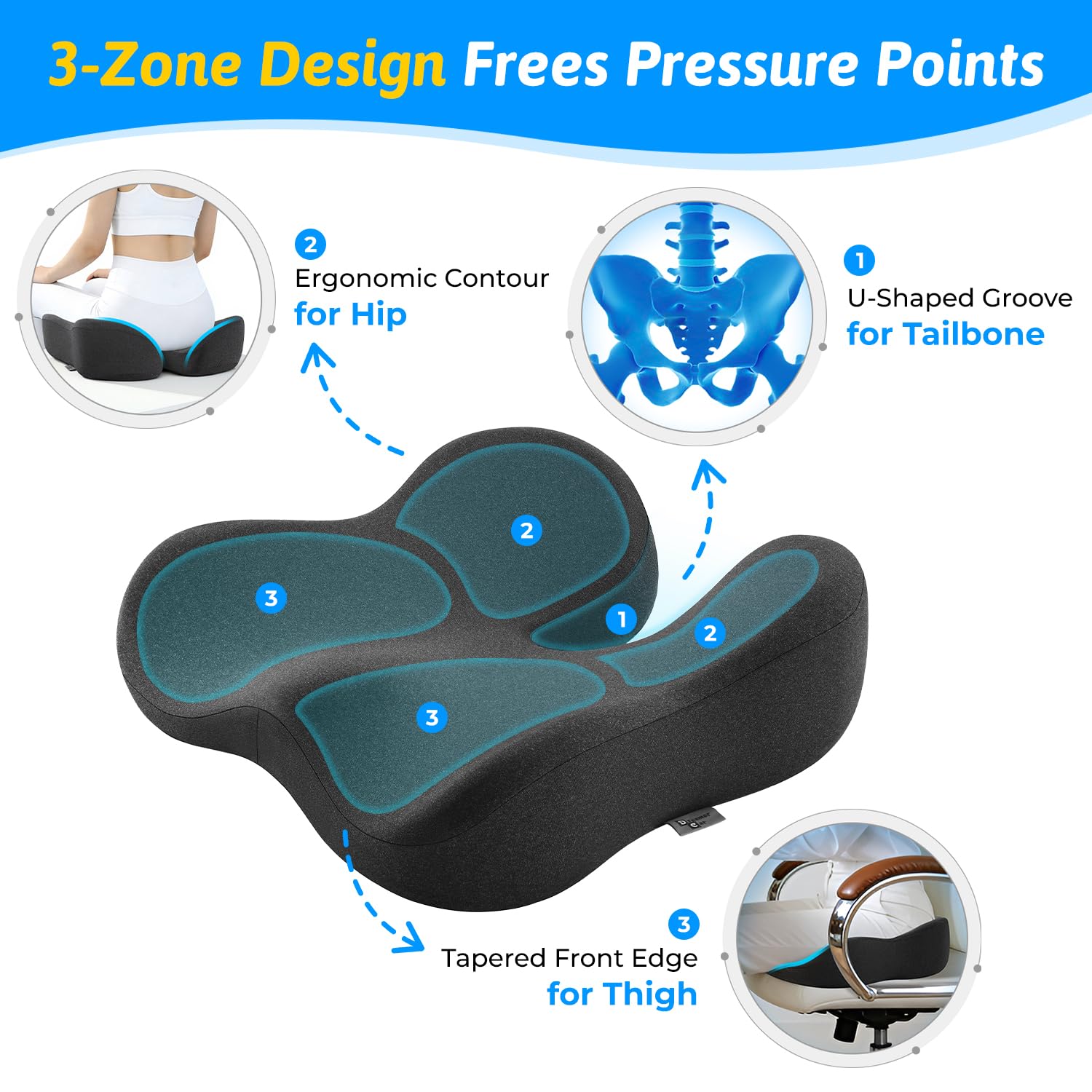 Dreamer Car Soft Support Memory Foam Seat Cushion for Office and Car Relief from Sciatica and Tailbone Pain Ideal for Wide Hips and Comfort - View 4 of 7