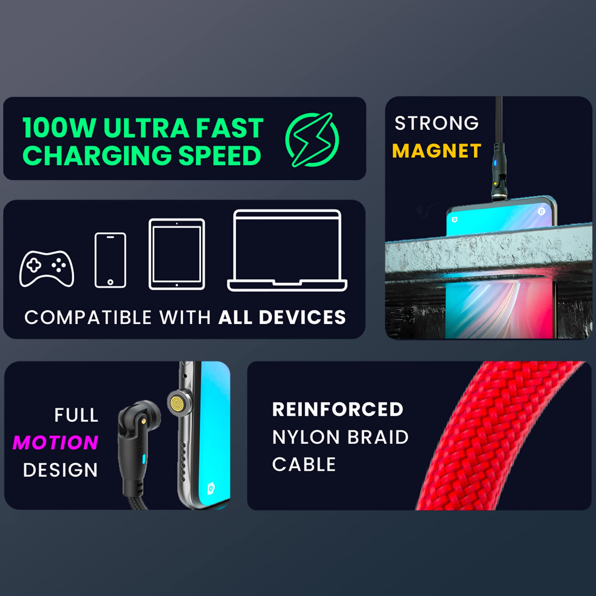 Magnilink Magnilink 360 PRO 100W Magnetic USB C Phone Charger Pack of 2 Fast Charging Data Cable Compatible with iProducts Type-C Micro USB Forest Green - View 9 of 9