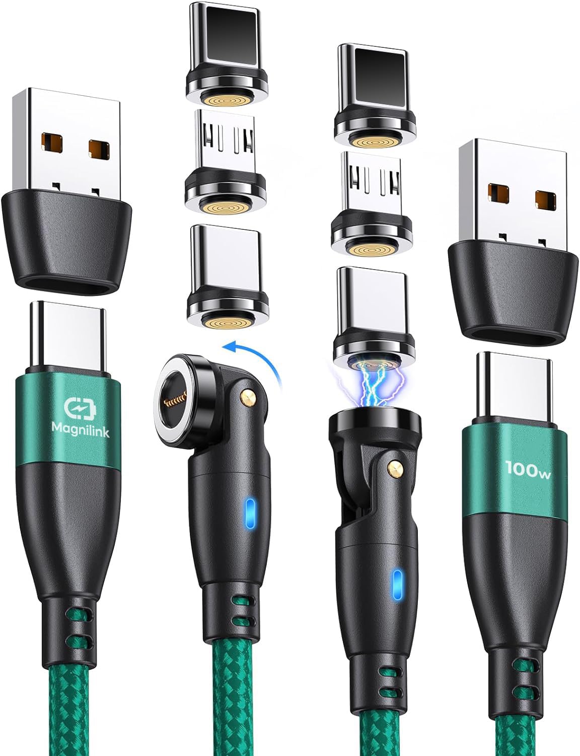 Magnilink Magnilink 360 PRO 100W Magnetic USB C Phone Charger Pack of 2 Fast Charging Data Cable Compatible with iProducts Type-C Micro USB Forest Green