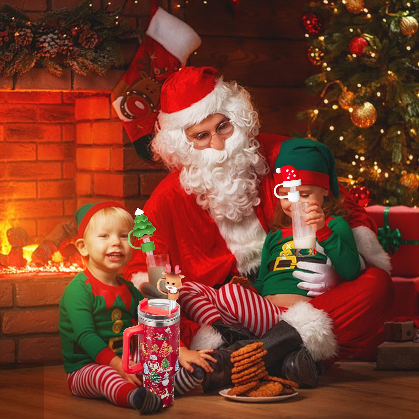 HLUWA 6PCS Christmas Straw Cover Caps for Stanley Cup Silicone Topper for 30 and 40 Oz Tumblers with Handle Perfect Holiday Gift - View 5 of 6