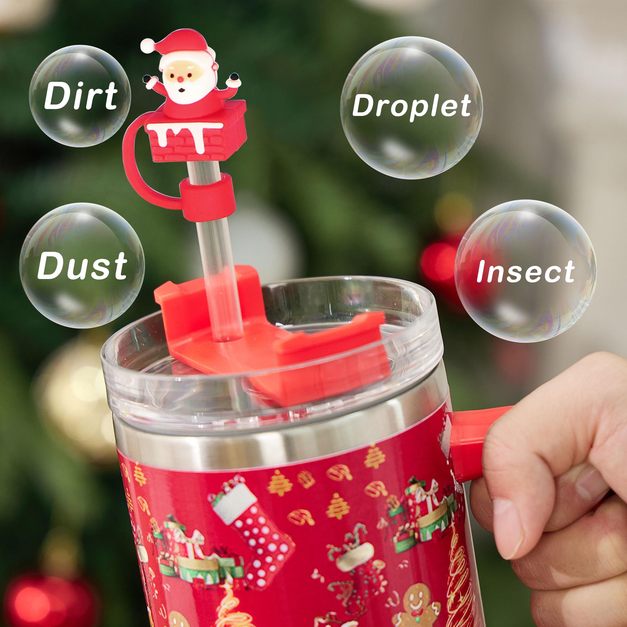 HLUWA 6PCS Christmas Straw Cover Caps for Stanley Cup Silicone Topper for 30 and 40 Oz Tumblers with Handle Perfect Holiday Gift - View 3 of 6