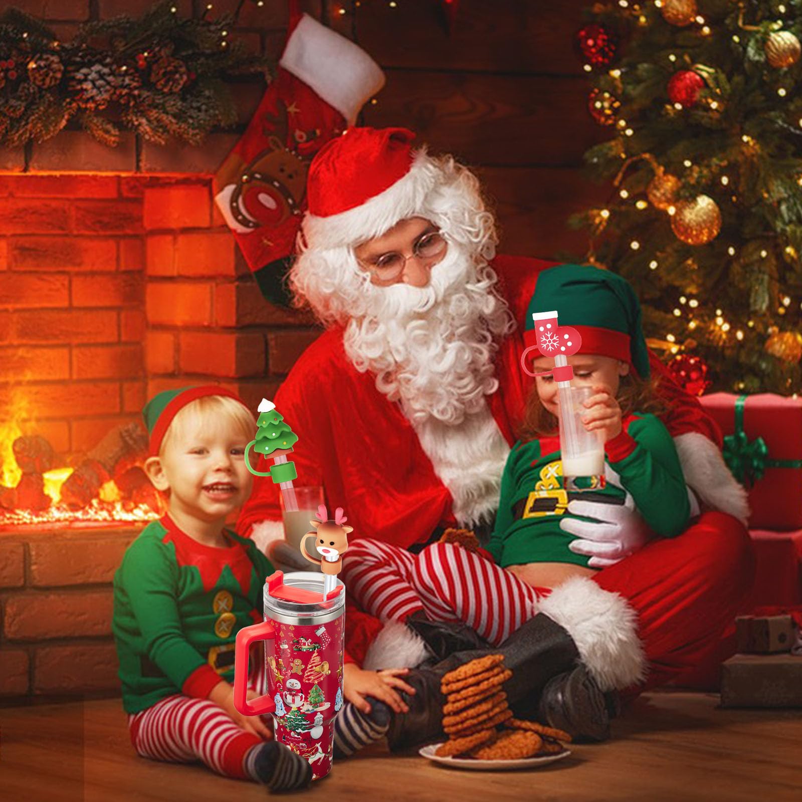 HLUWA 6PCS Christmas Straw Cover Caps for Stanley Cup Silicone Topper for 30 and 40 Oz Tumblers with Handle Perfect Holiday Gift - View 4 of 6