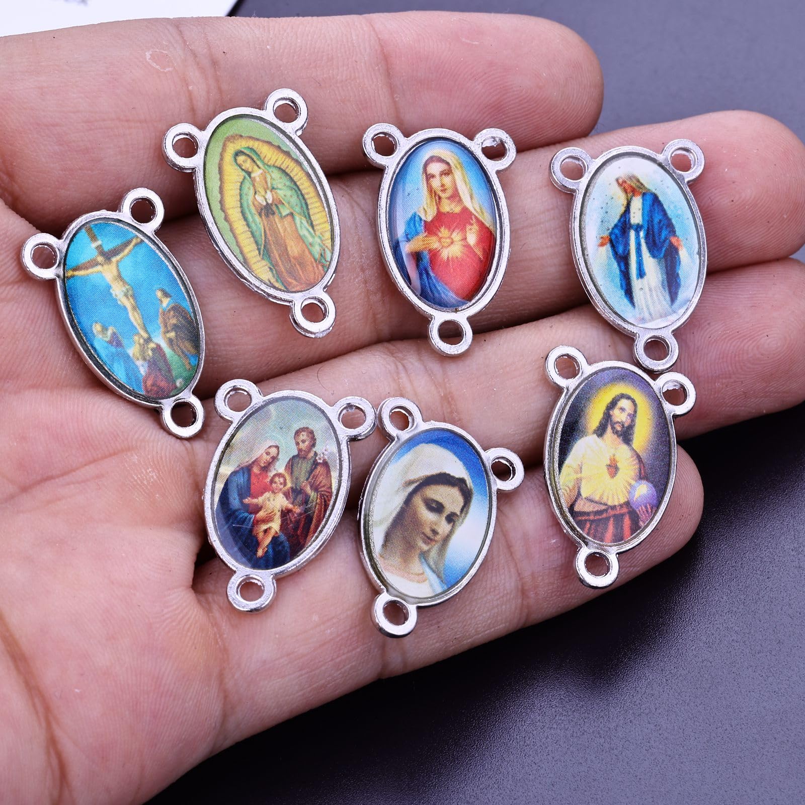 Rosfully 60pcs Mix Picture Cross Jesus Virgin Mary Catholic Enamel Rosary Charms Links for Jewelry Making - View 2 of 5