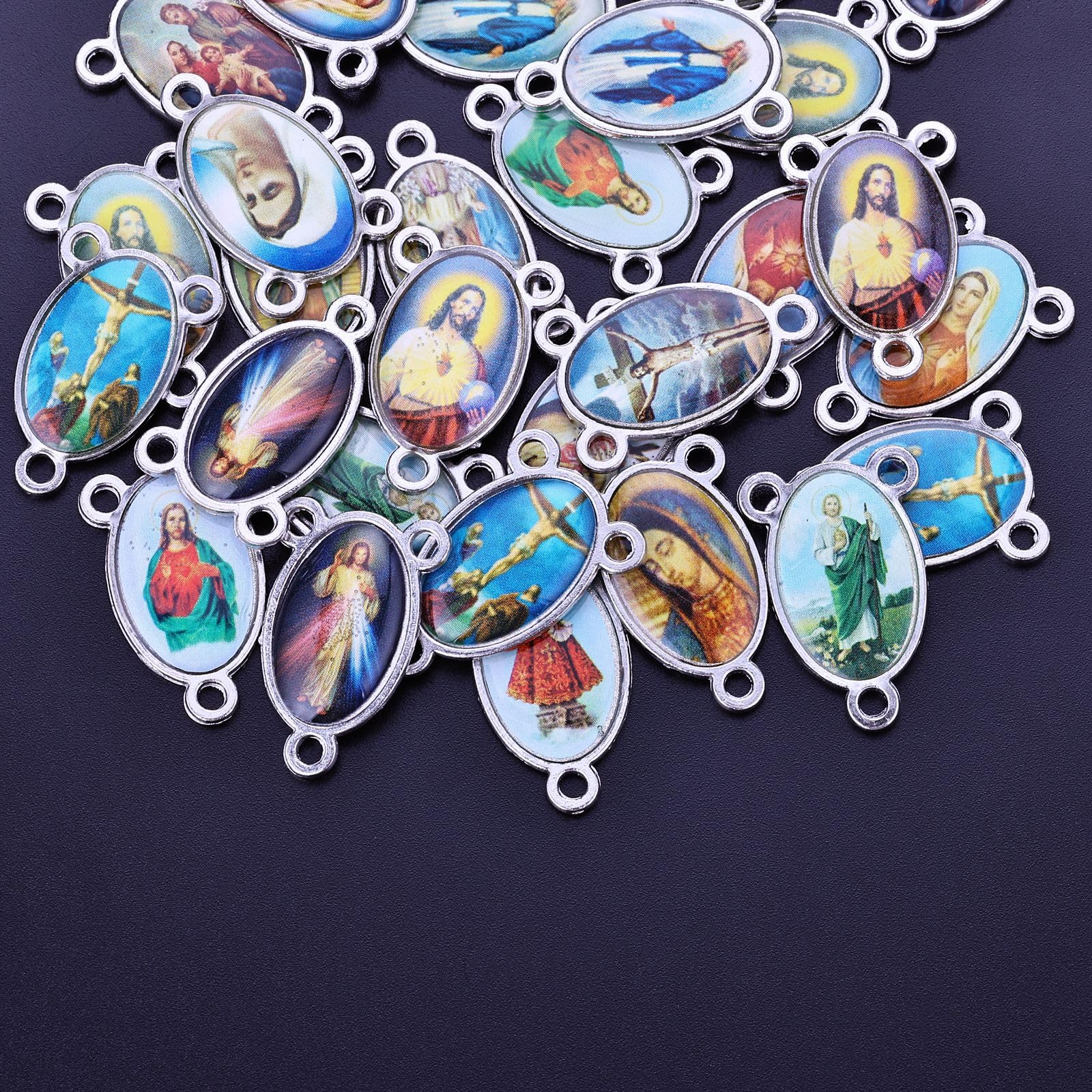 Rosfully 60pcs Mix Picture Cross Jesus Virgin Mary Catholic Enamel Rosary Charms Links for Jewelry Making - View 4 of 5