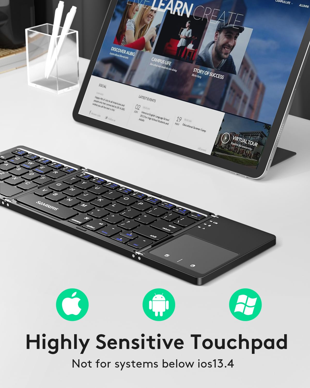 Samsers Samsers Foldable Bluetooth Keyboard with Touchpad - Portable Wireless Keyboard with Holder, Rechargeable Full Size Ultra Slim Pocket Folding Keyboards for Android Windows iOS Tablet & Laptop - Black - View 3 of 9