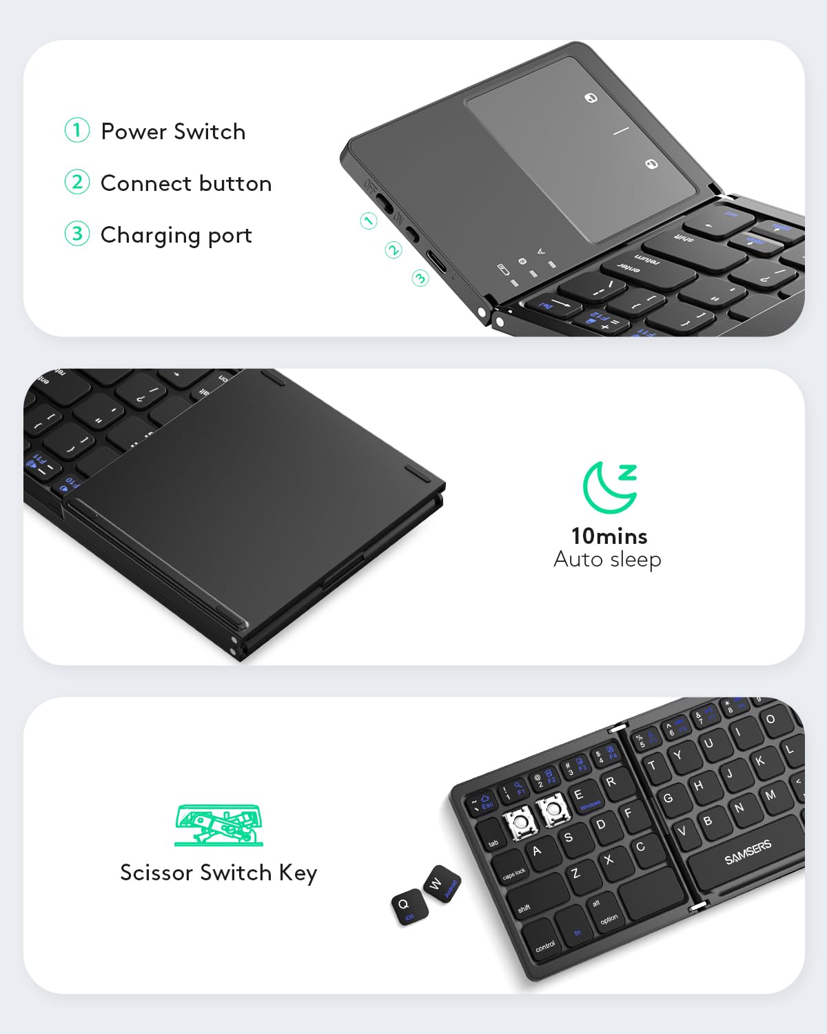 Samsers Samsers Foldable Bluetooth Keyboard with Touchpad - Portable Wireless Keyboard with Holder, Rechargeable Full Size Ultra Slim Pocket Folding Keyboards for Android Windows iOS Tablet & Laptop - Black - View 6 of 9