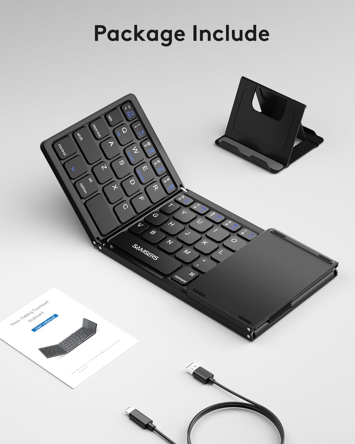 Samsers Samsers Foldable Bluetooth Keyboard with Touchpad - Portable Wireless Keyboard with Holder, Rechargeable Full Size Ultra Slim Pocket Folding Keyboards for Android Windows iOS Tablet & Laptop - Black - View 9 of 9