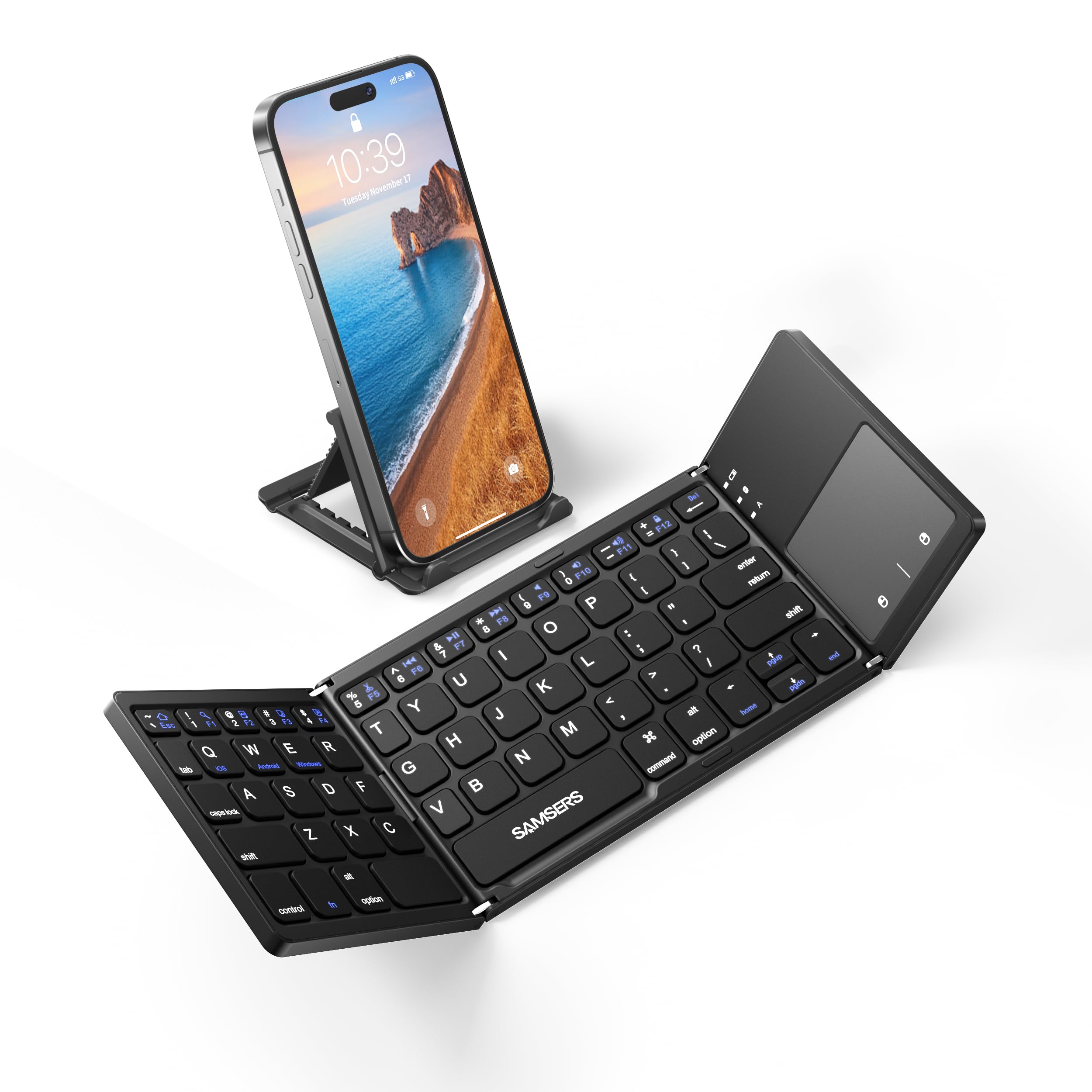 Samsers Samsers Foldable Bluetooth Keyboard with Touchpad - Portable Wireless Keyboard with Holder, Rechargeable Full Size Ultra Slim Pocket Folding Keyboards for Android Windows iOS Tablet & Laptop - Black