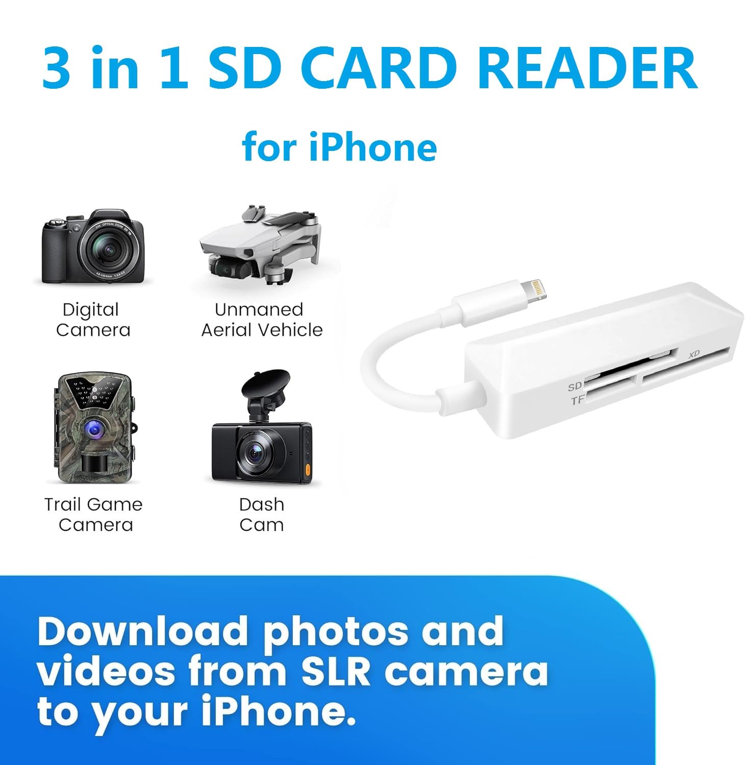CREHAO Apple MFi Certified SD Card Reader for iPhone High-Speed Adapter Supports SD TF XD 128G 256G Compatible with iPhone 14 13 12 11 XS XR X 8 7 6 5 - View 2 of 9