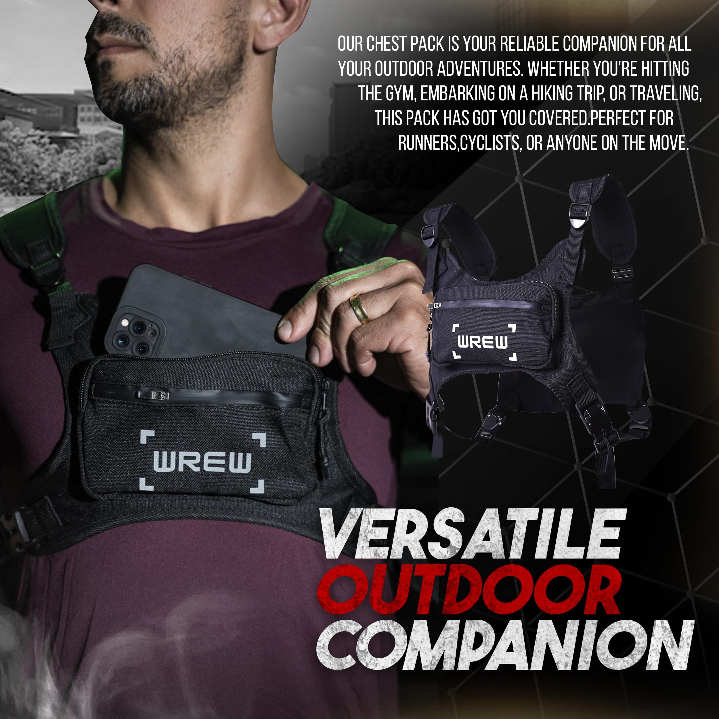 wrew Lightweight Running Chest Bag for Men Adjustable Crossbody Vest with Phone Holder Ideal for Jogging Cycling Anti-Theft Black - View 2 of 7