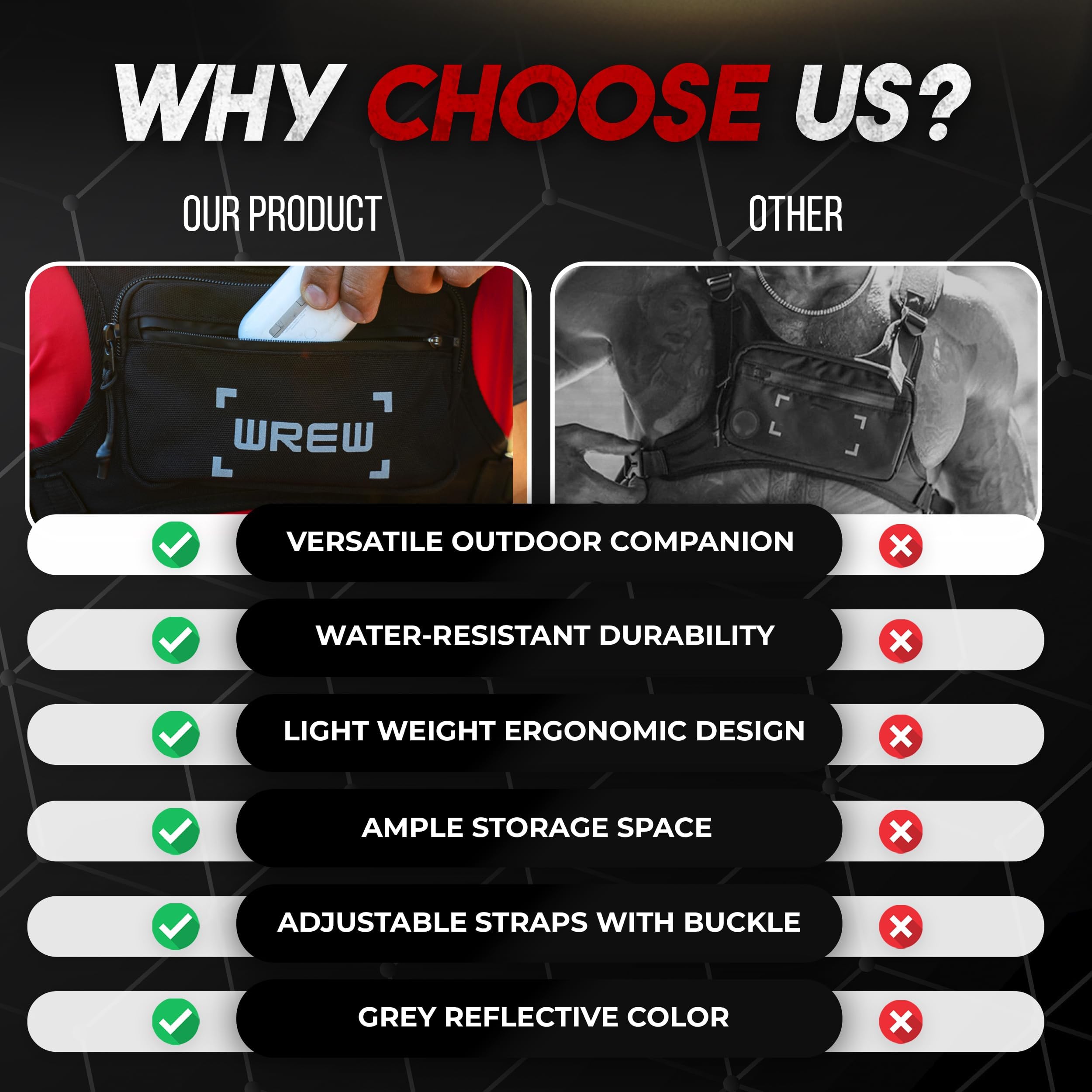 wrew Lightweight Running Chest Bag for Men Adjustable Crossbody Vest with Phone Holder Ideal for Jogging Cycling Anti-Theft Black - View 5 of 7