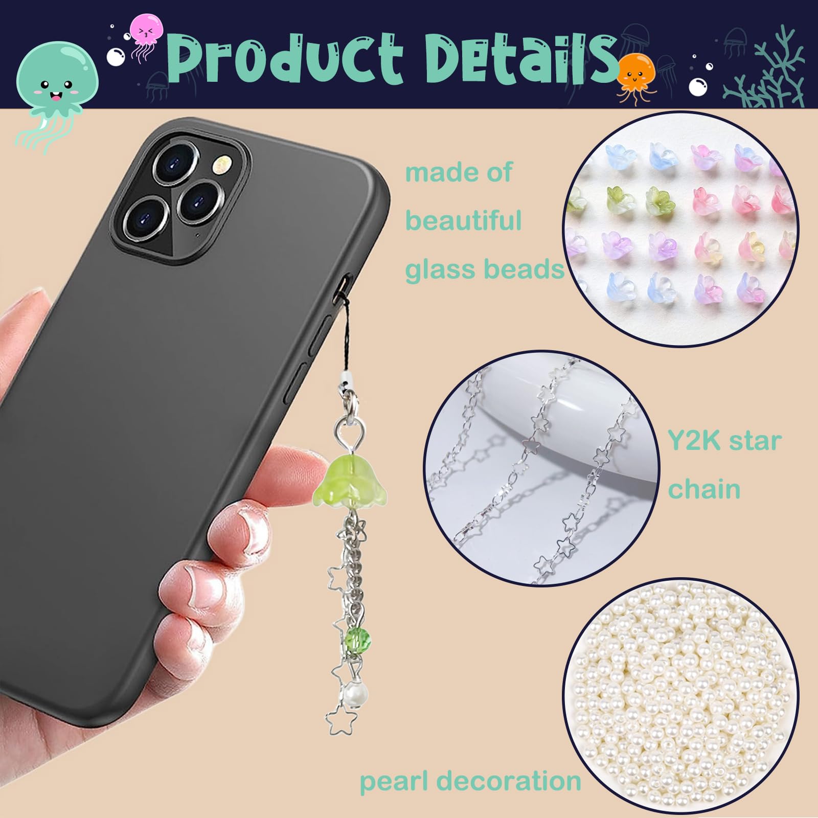 Agromusk Agromusk Jellyfish Phone Charm Y2K Beaded Phone Strap Cute Aesthetic Cell Phone Accessories Chain for Women Green - View 3 of 9