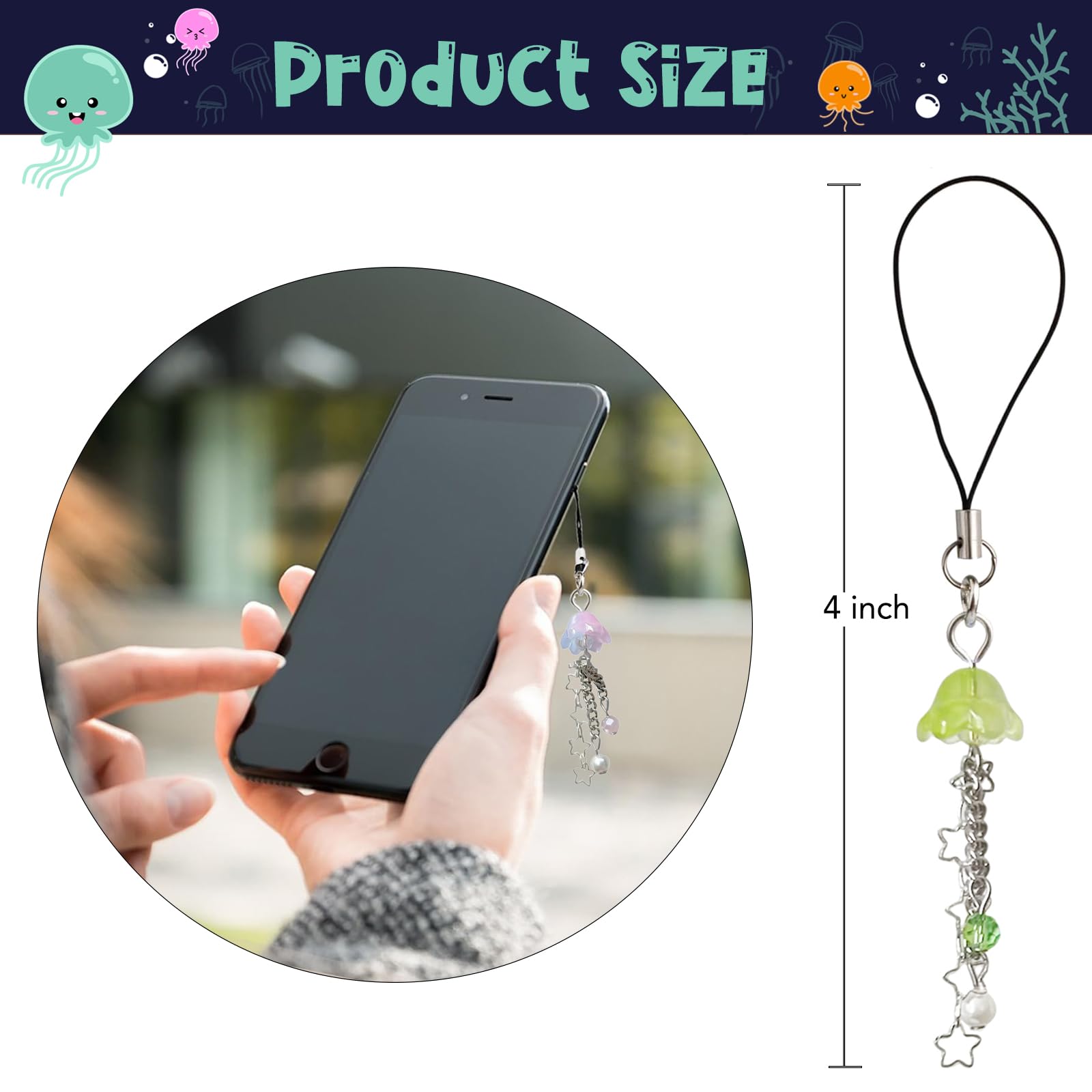 Agromusk Agromusk Jellyfish Phone Charm Y2K Beaded Phone Strap Cute Aesthetic Cell Phone Accessories Chain for Women Green - View 4 of 9