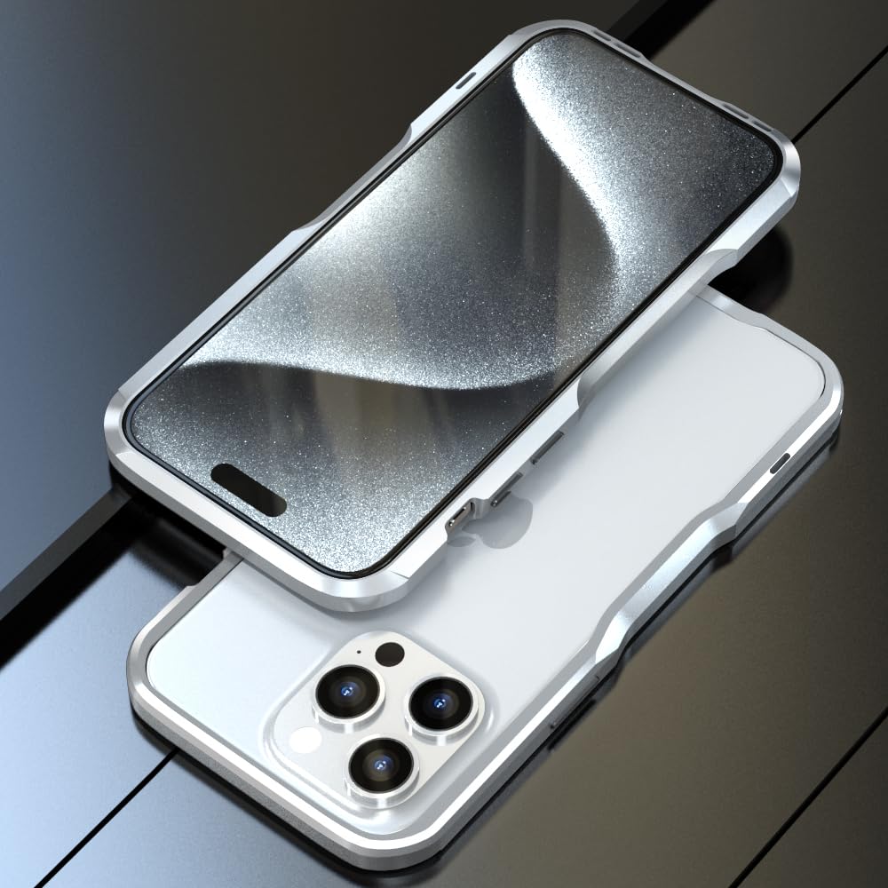 HENGHUI HENGHUI Aluminum Bumper Case for iPhone 15 Pro Slim Shock Absorbent Design with Strap Hole Metal Frame Silver - View 2 of 6