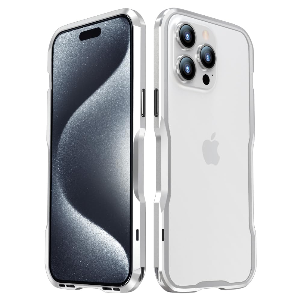 HENGHUI Aluminum Bumper Case for iPhone 15 Pro Slim Shock Absorbent Design with Strap Hole Metal Frame Silver