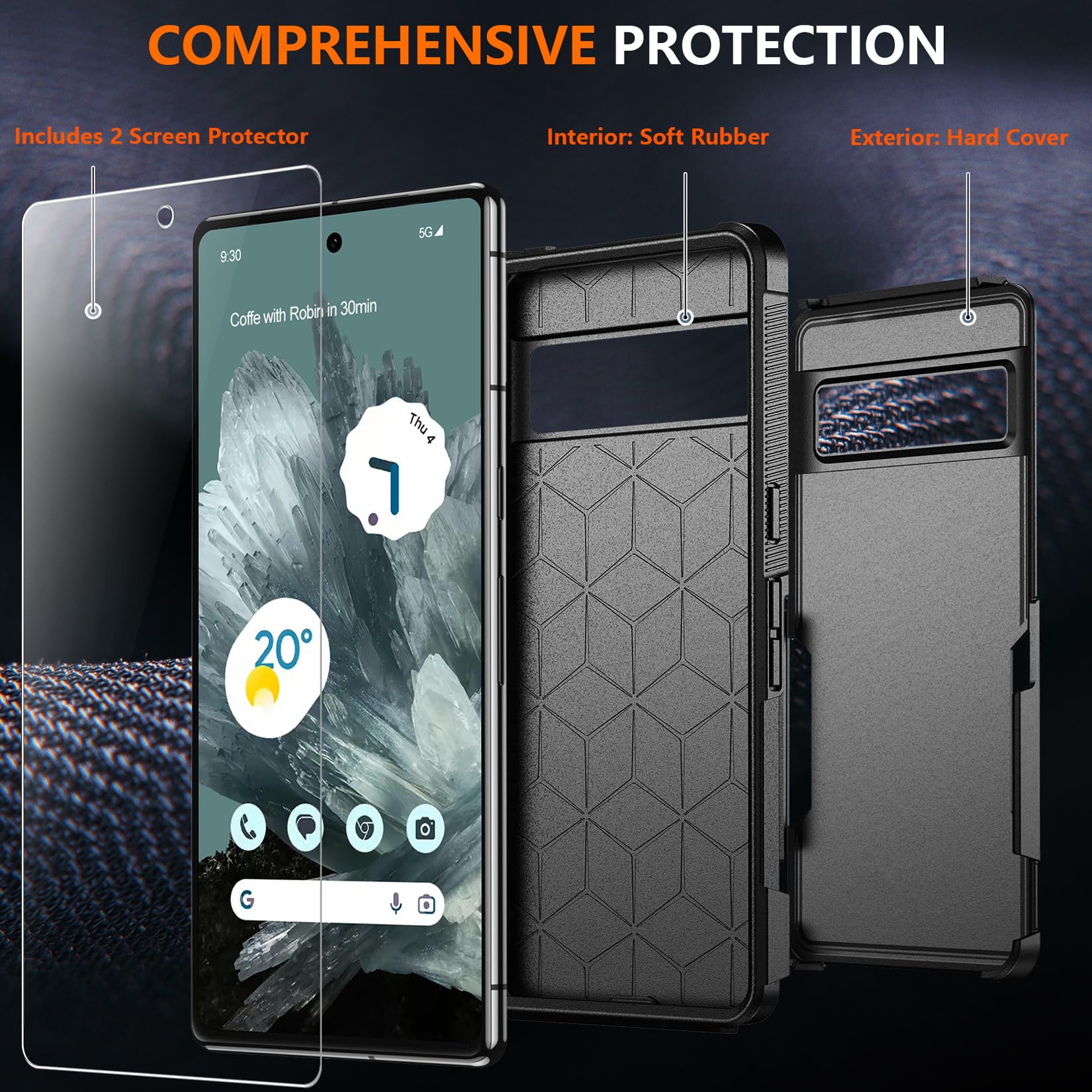 Justcool Justcool Google Pixel 8 Pro Case with 2 Screen Protectors 10FT Drop Protection Dual Layer Heavy Duty Black Full Body Case 6.7 inch - View 5 of 7