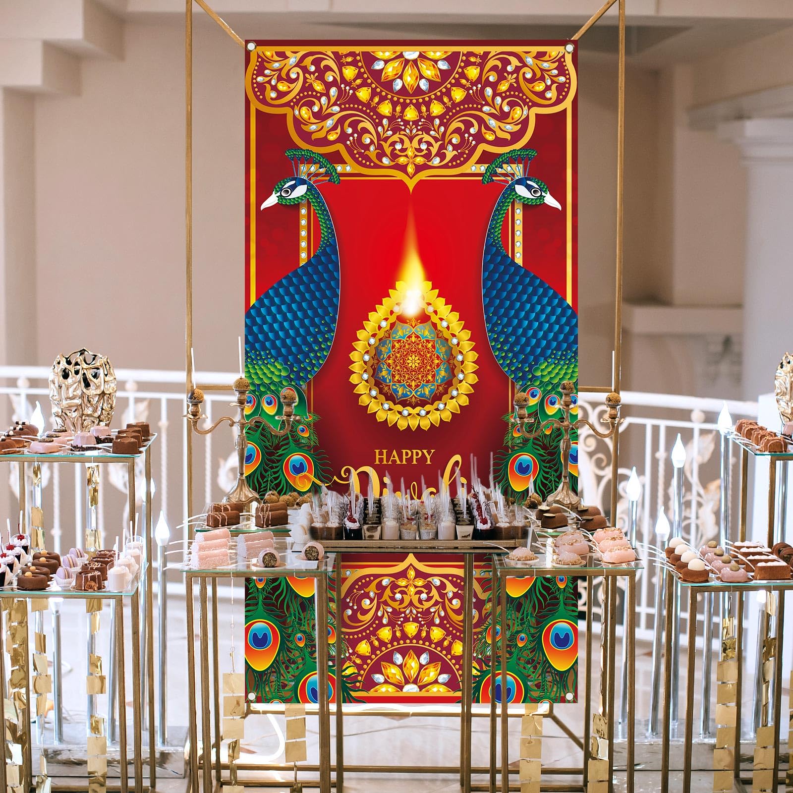 Nepnuser Nepnuser Happy Diwali Door Cover Peacock Decoration for Home Deepavali Festival Lights Decor Backdrop Hanging Banner Red - View 2 of 5