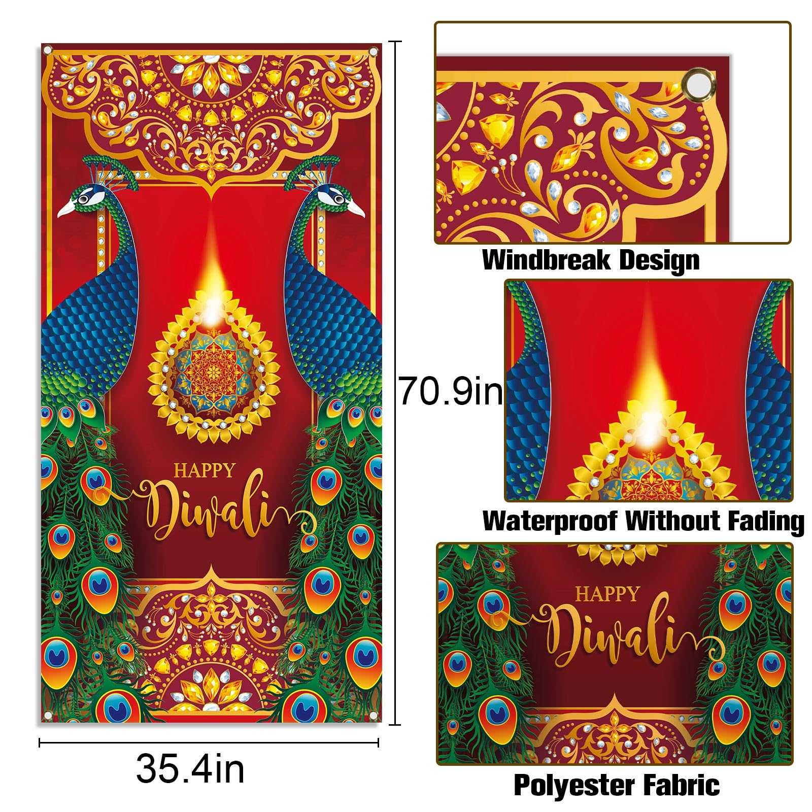Nepnuser Nepnuser Happy Diwali Door Cover Peacock Decoration for Home Deepavali Festival Lights Decor Backdrop Hanging Banner Red - View 3 of 5