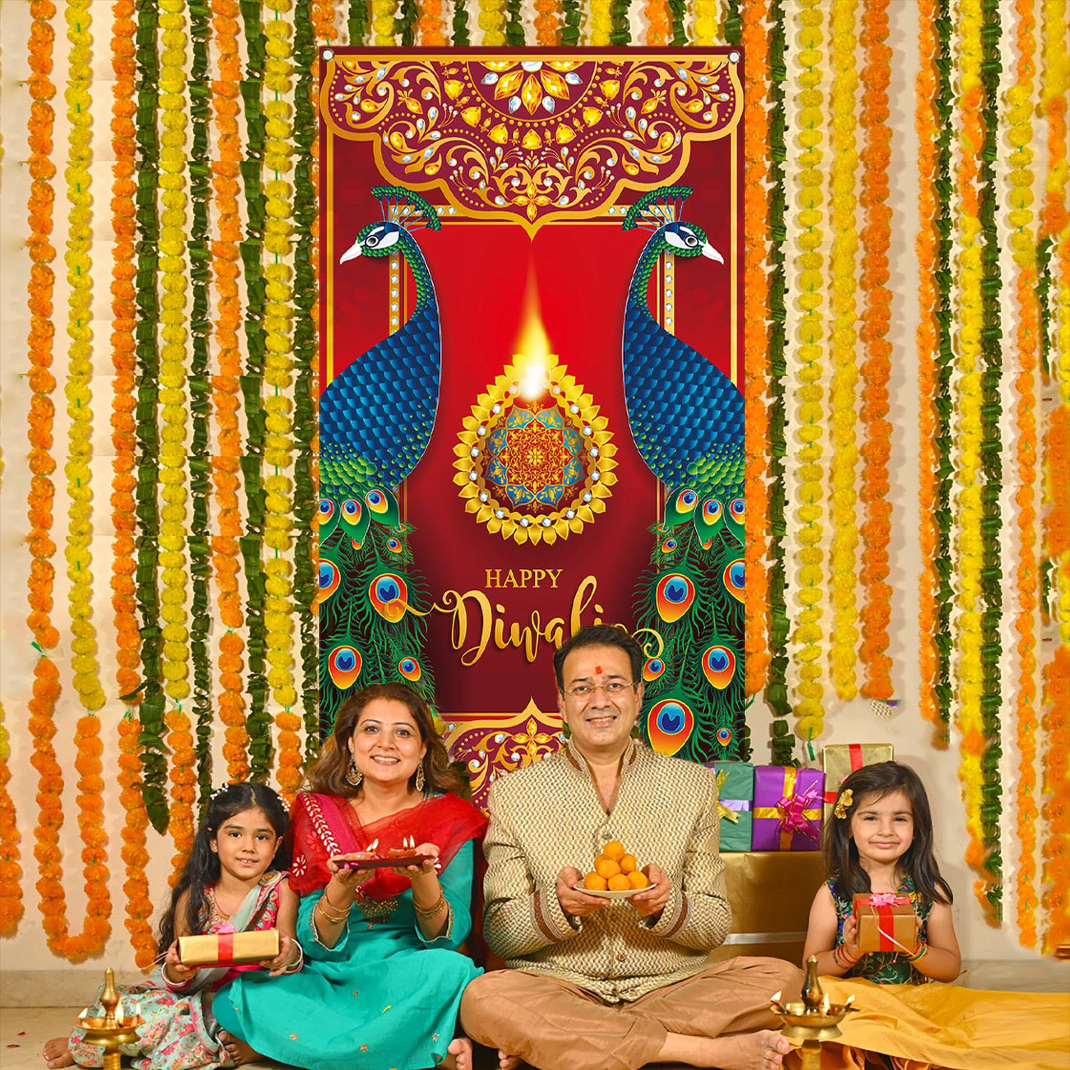 Nepnuser Nepnuser Happy Diwali Door Cover Peacock Decoration for Home Deepavali Festival Lights Decor Backdrop Hanging Banner Red - View 4 of 5