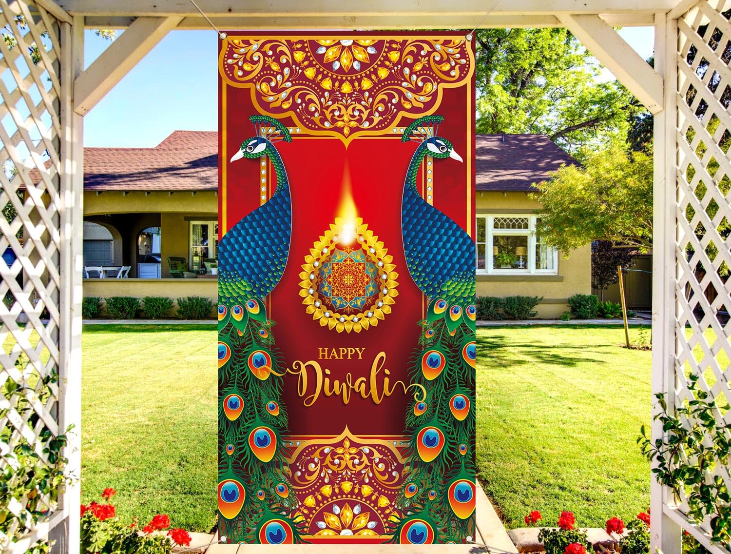Nepnuser Nepnuser Happy Diwali Door Cover Peacock Decoration for Home Deepavali Festival Lights Decor Backdrop Hanging Banner Red - View 5 of 5
