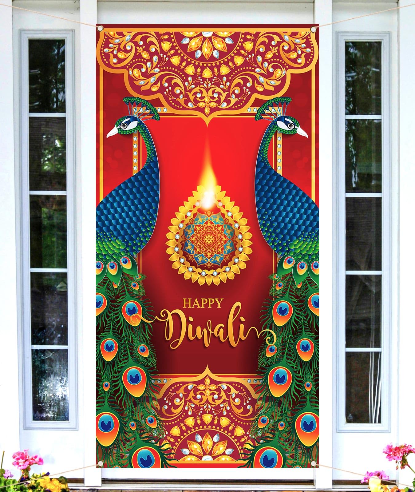Nepnuser Nepnuser Happy Diwali Door Cover Peacock Decoration for Home Deepavali Festival Lights Decor Backdrop Hanging Banner Red
