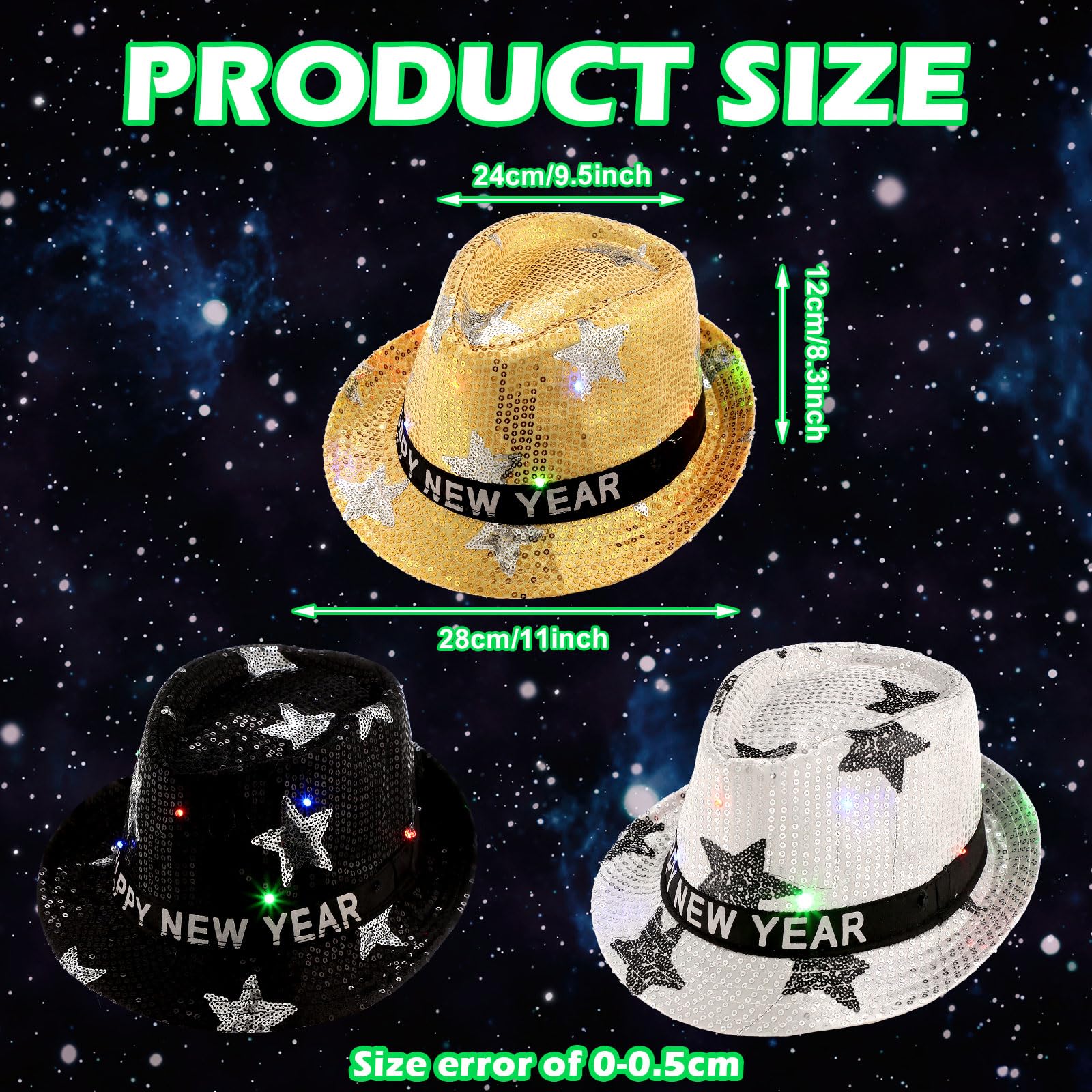 Suhine Suhine 9 Pcs LED Light Up Sequin Fedora Hats for New Year Party Costume Accessories Men Women Children Flashing Party Favors - View 2 of 5