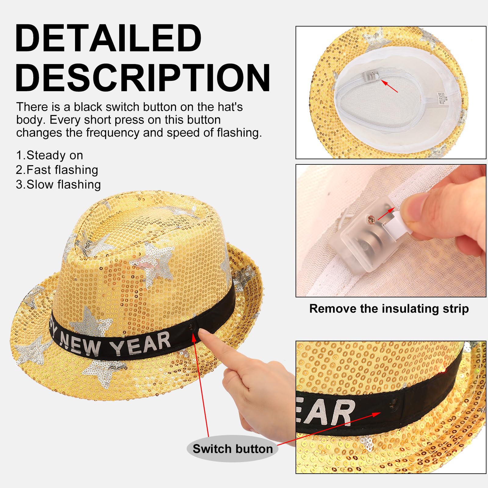 Suhine Suhine 9 Pcs LED Light Up Sequin Fedora Hats for New Year Party Costume Accessories Men Women Children Flashing Party Favors - View 3 of 5