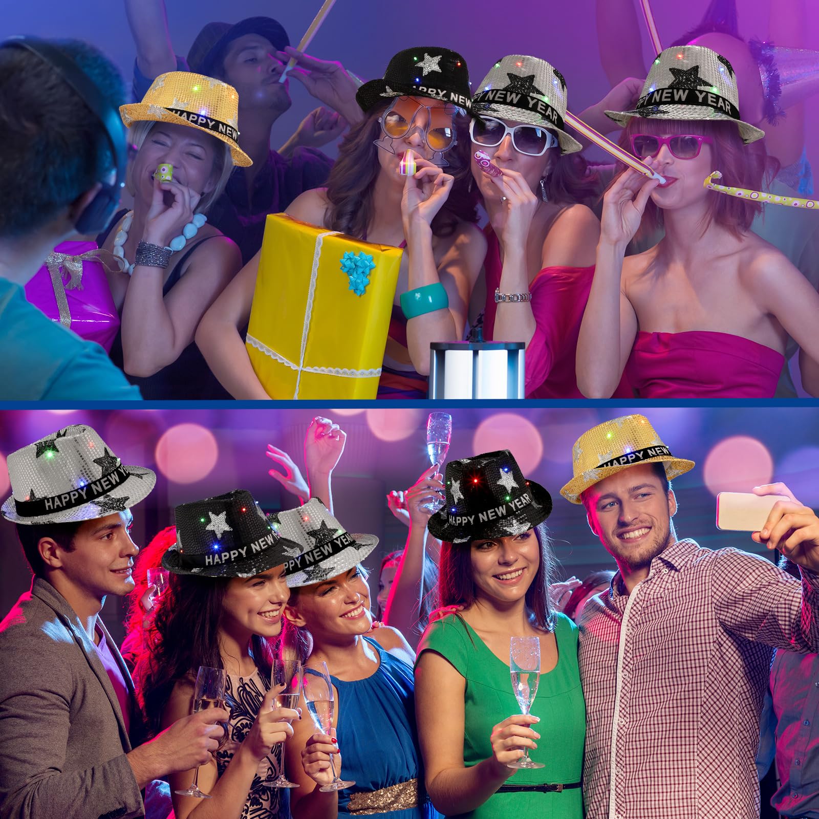 Suhine Suhine 9 Pcs LED Light Up Sequin Fedora Hats for New Year Party Costume Accessories Men Women Children Flashing Party Favors - View 5 of 5