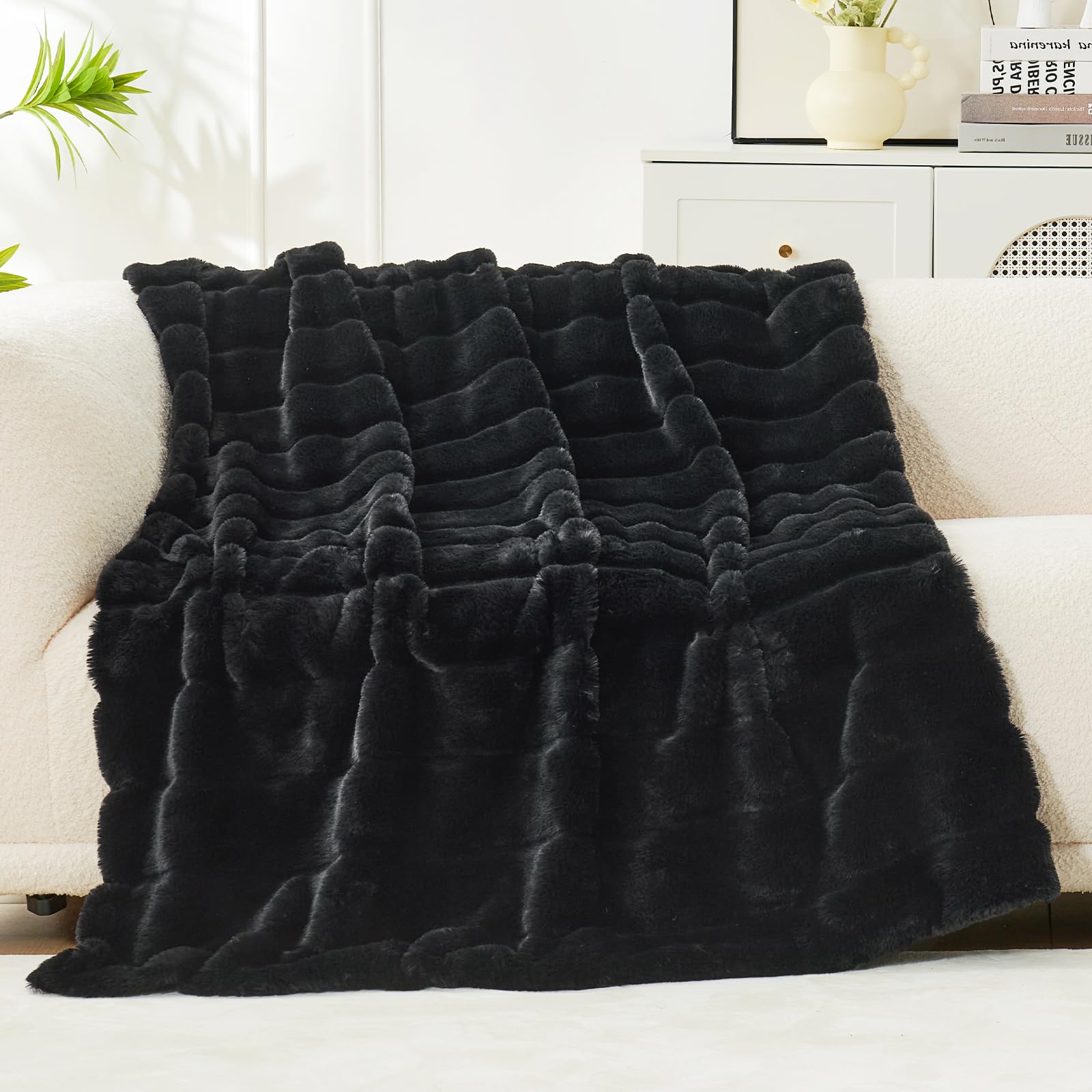 Cozy Bliss Cozy Bliss Faux Fur Throw Blanket for Couch Warm Plush Striped Blanket for Sofa Bedroom Living Room Black - View 3 of 9