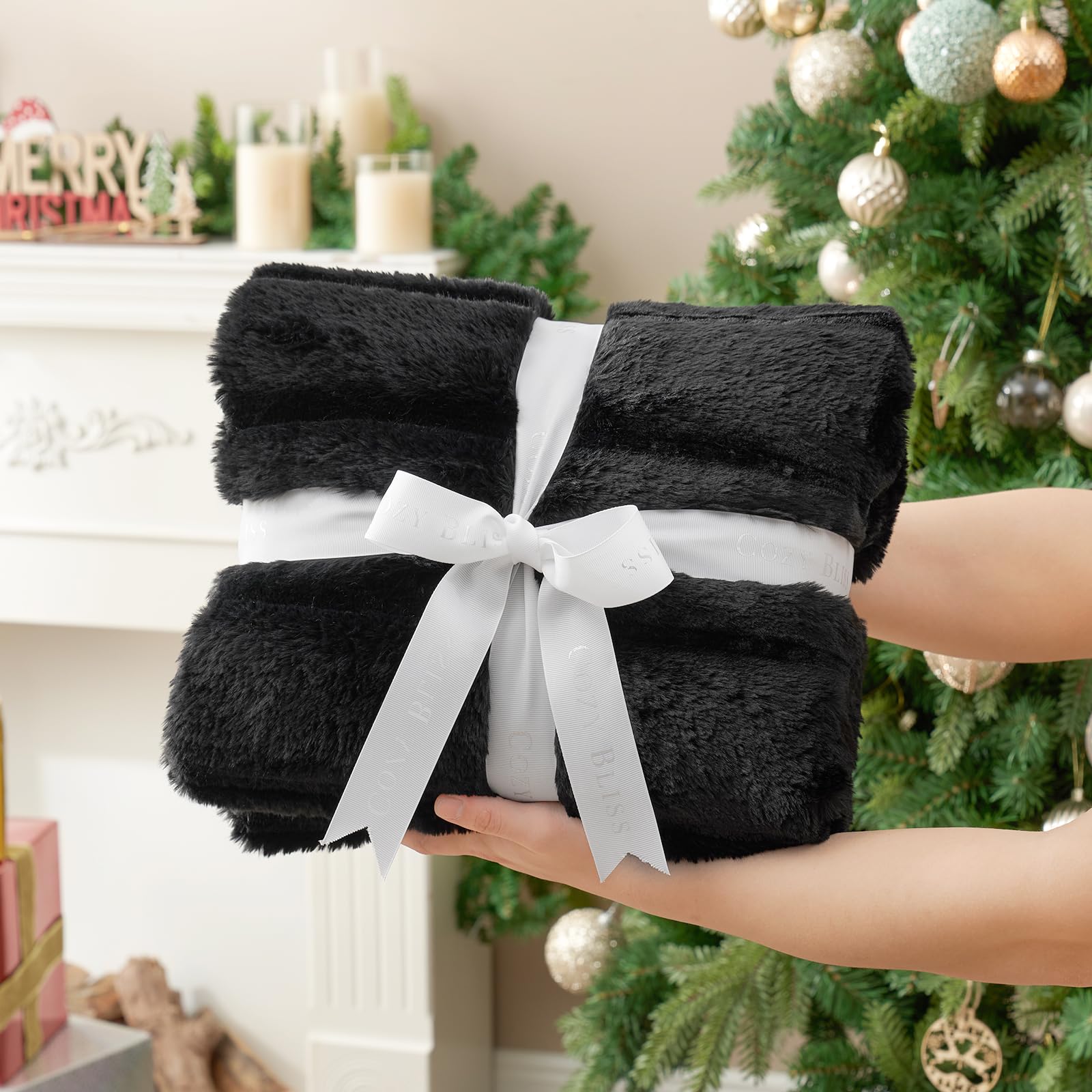 Cozy Bliss Cozy Bliss Faux Fur Throw Blanket for Couch Warm Plush Striped Blanket for Sofa Bedroom Living Room Black - View 4 of 9