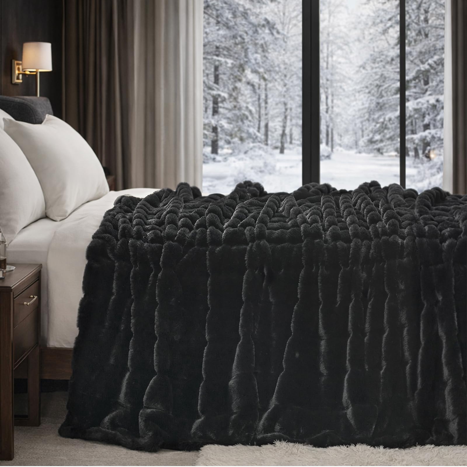 Cozy Bliss Cozy Bliss Faux Fur Throw Blanket for Couch Warm Plush Striped Blanket for Sofa Bedroom Living Room Black - View 6 of 9