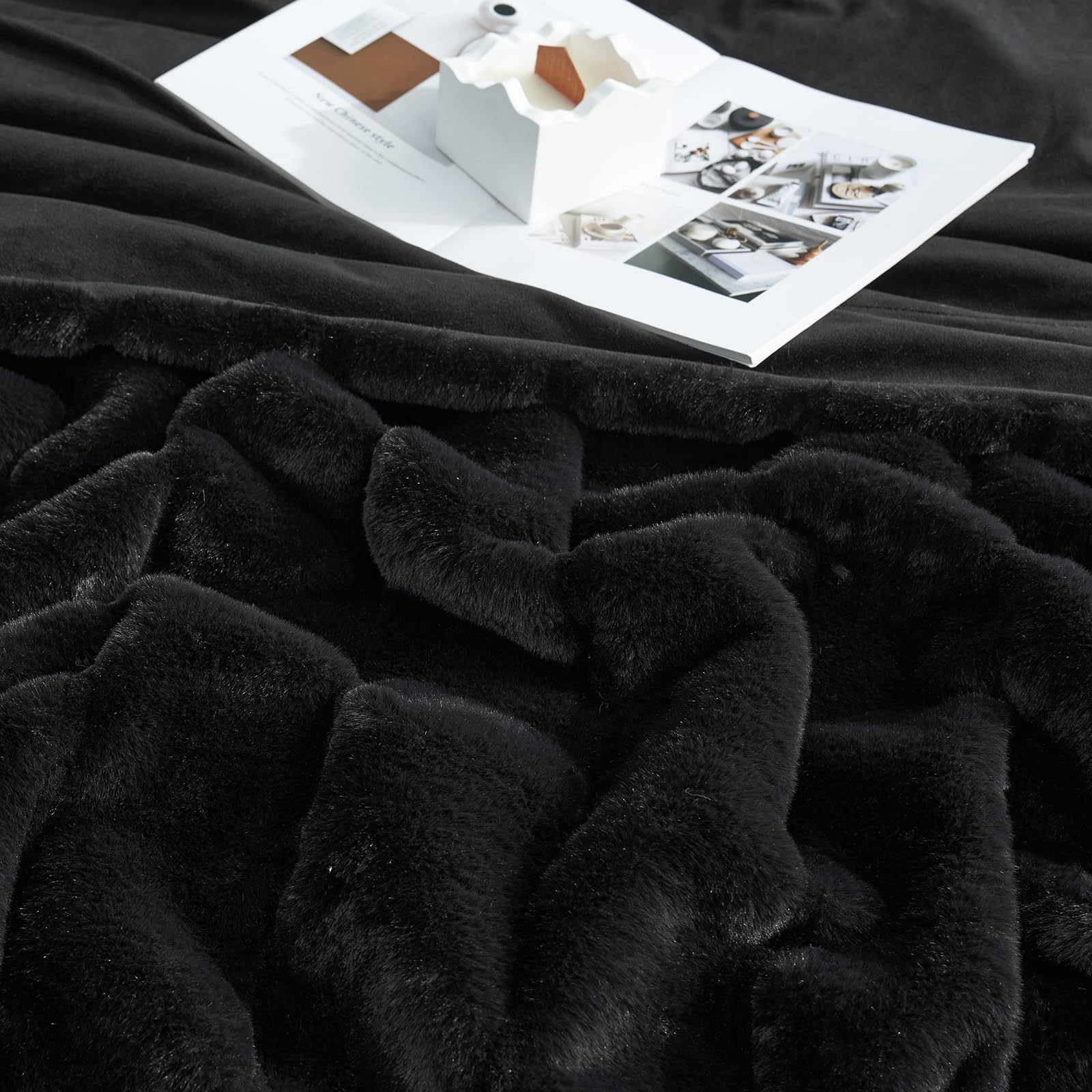 Cozy Bliss Cozy Bliss Faux Fur Throw Blanket for Couch Warm Plush Striped Blanket for Sofa Bedroom Living Room Black - View 8 of 9