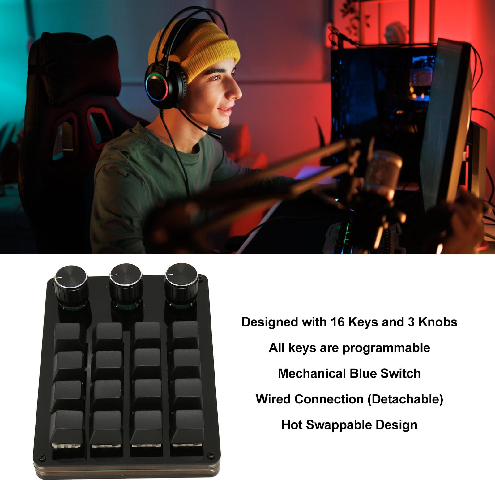 GOWENIC Mini Macro Keypad 16 Keys One Handed Programmable Keyboard with 3 Knobs Portable USB Wired Keypad for Gaming Office and Media - View 2 of 9