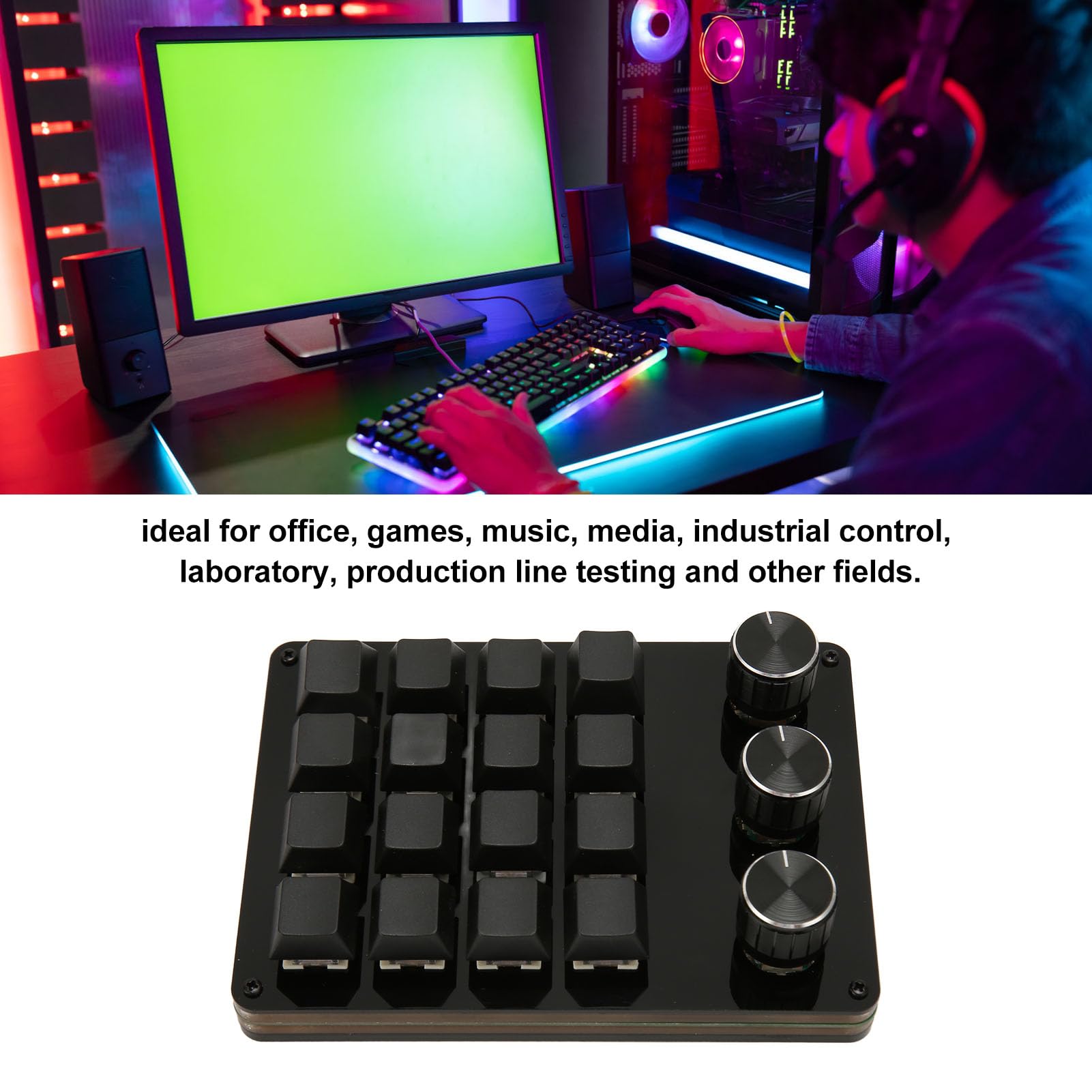 GOWENIC Mini Macro Keypad 16 Keys One Handed Programmable Keyboard with 3 Knobs Portable USB Wired Keypad for Gaming Office and Media - View 3 of 9