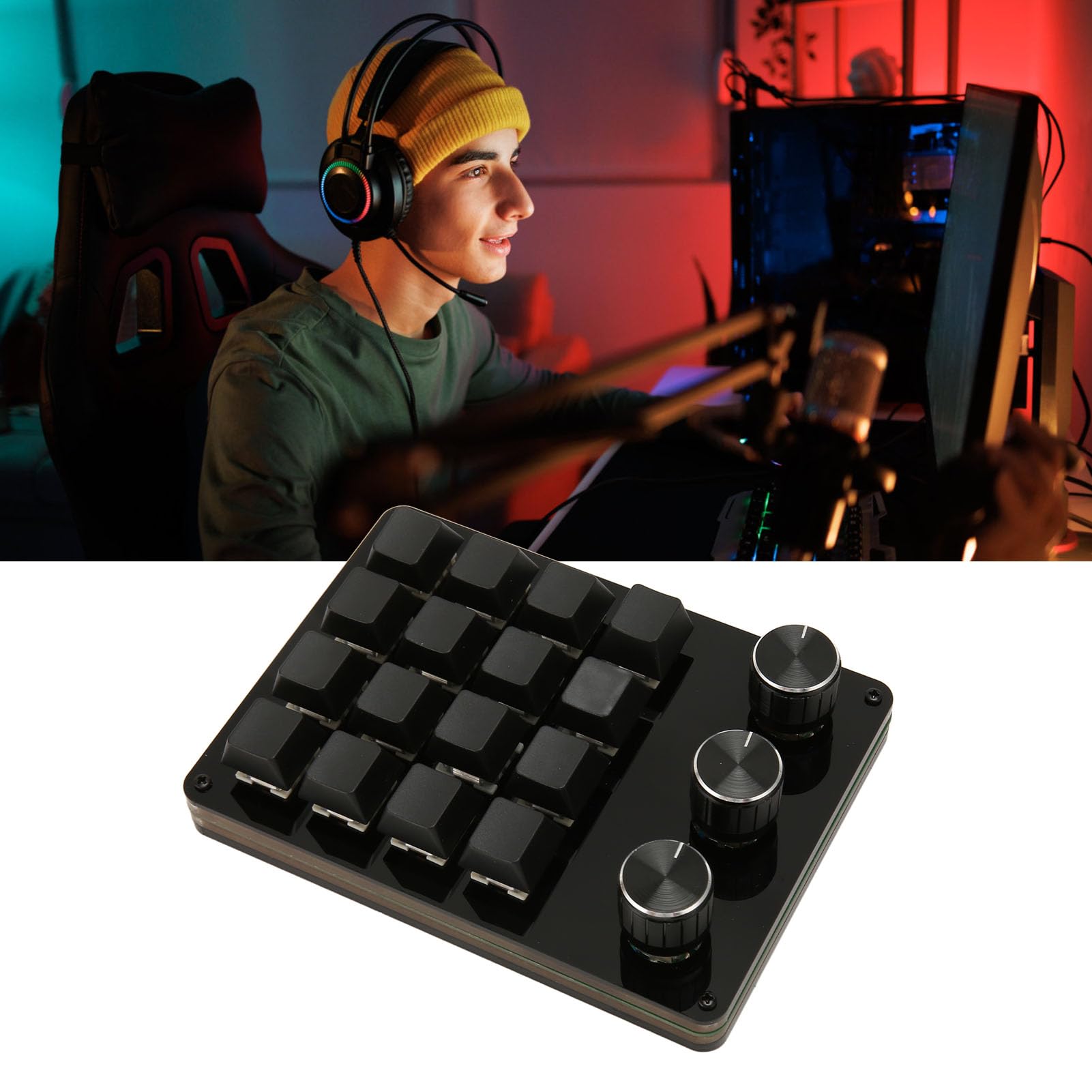 GOWENIC Mini Macro Keypad 16 Keys One Handed Programmable Keyboard with 3 Knobs Portable USB Wired Keypad for Gaming Office and Media - View 5 of 9