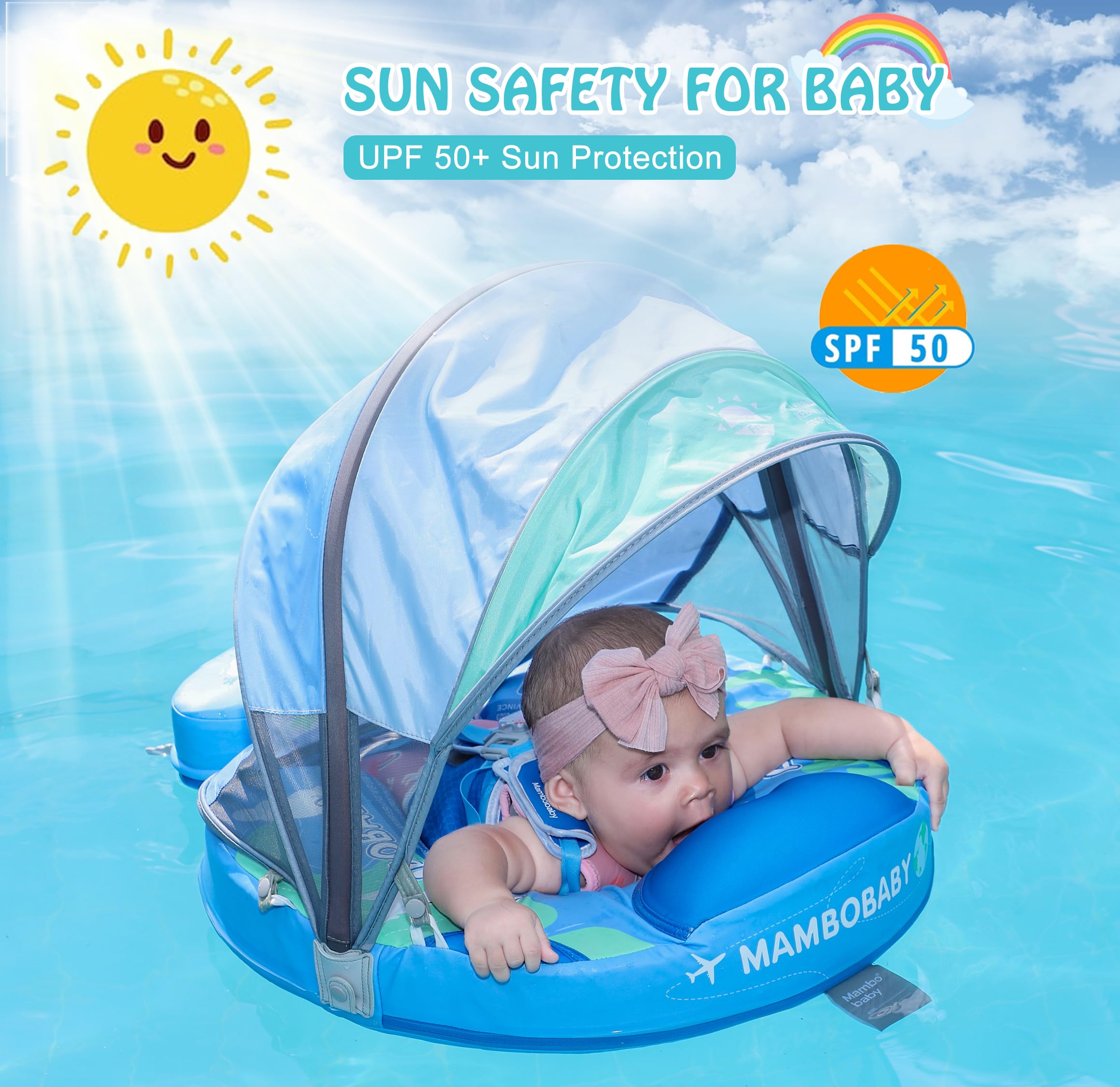 AnjeeIOT Mambobaby Baby Pool Float with Canopy Non Inflatable Swim Float for Toddlers 3-24 Months Blue Earth Safe and Stable Design - View 5 of 9