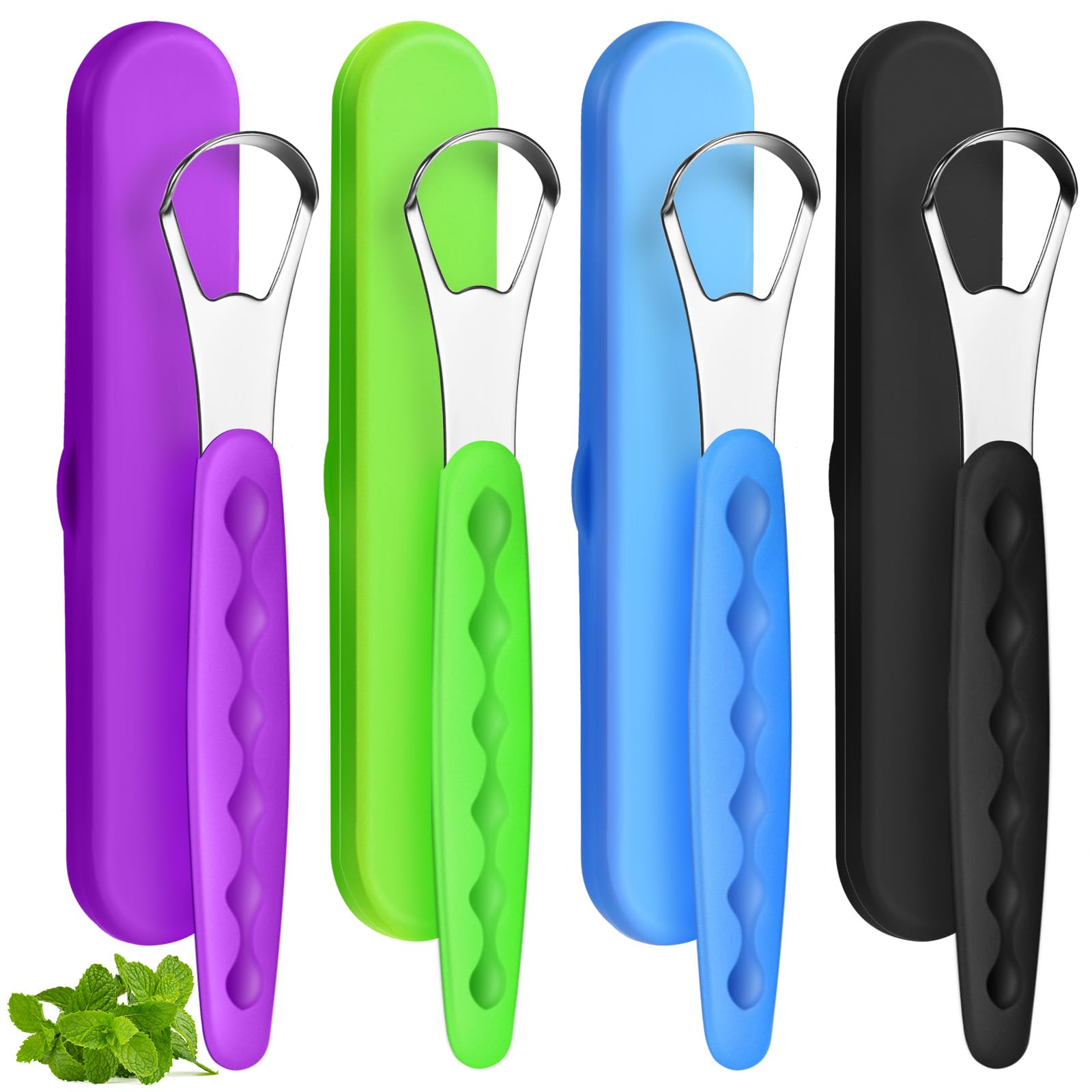 4 Pcs Stainless Steel Tongue Scraper Cleaner for Adults and Kids with Travel Cases Reduces Bad Breath in Green Blue Black and Purple