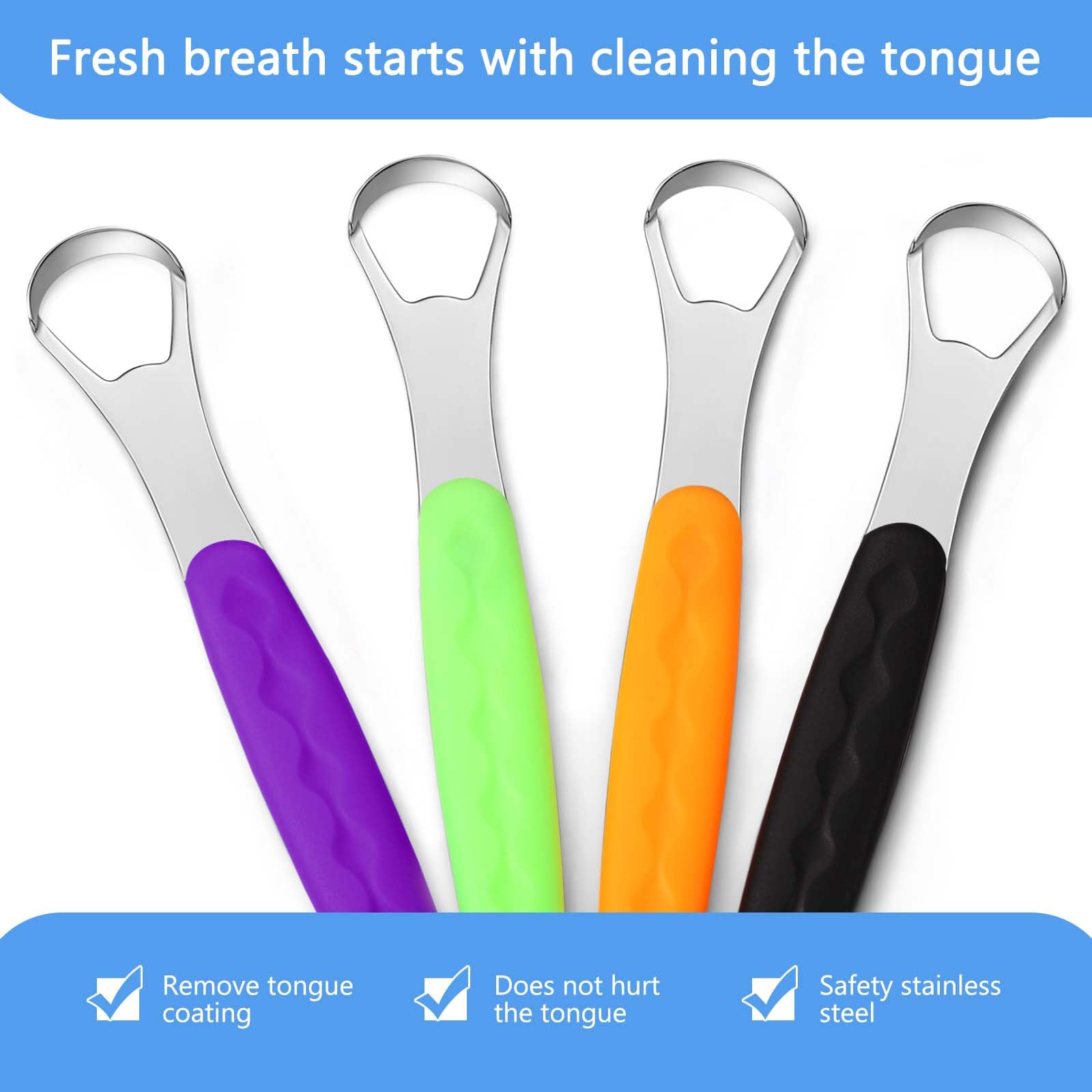 Yinkin 4 Pcs Stainless Steel Tongue Scraper Cleaner for Adults and Kids with Travel Cases Reduces Bad Breath in Orange Green Black and Purple - View 4 of 7